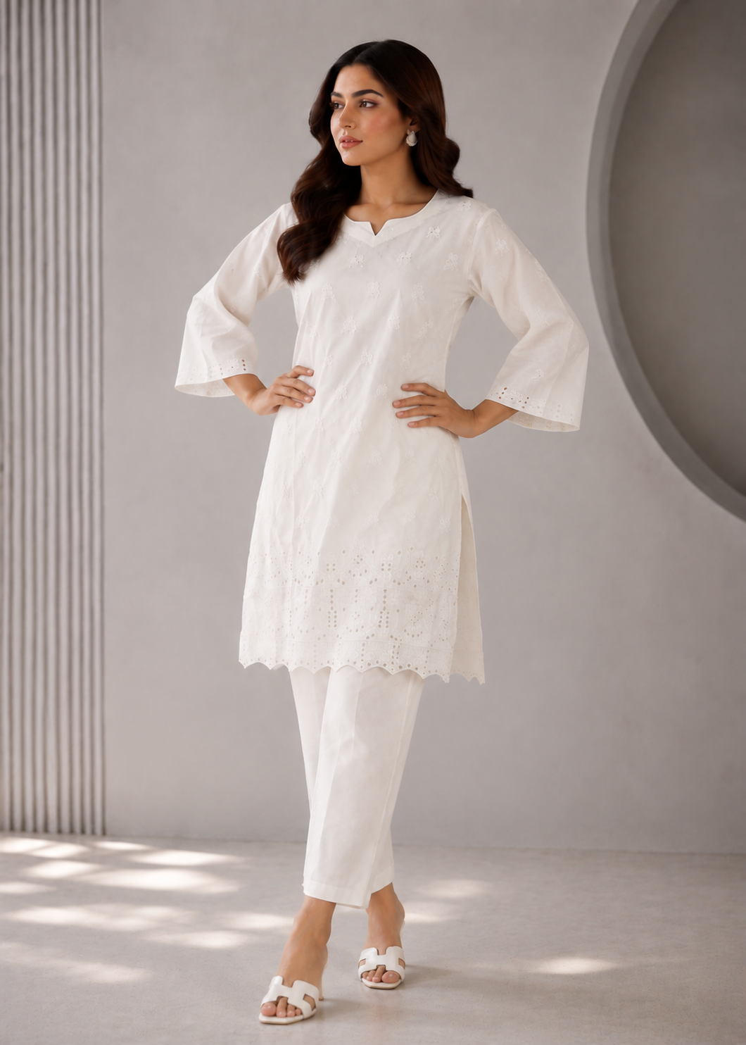 chikankari cotton Kurta Set in White