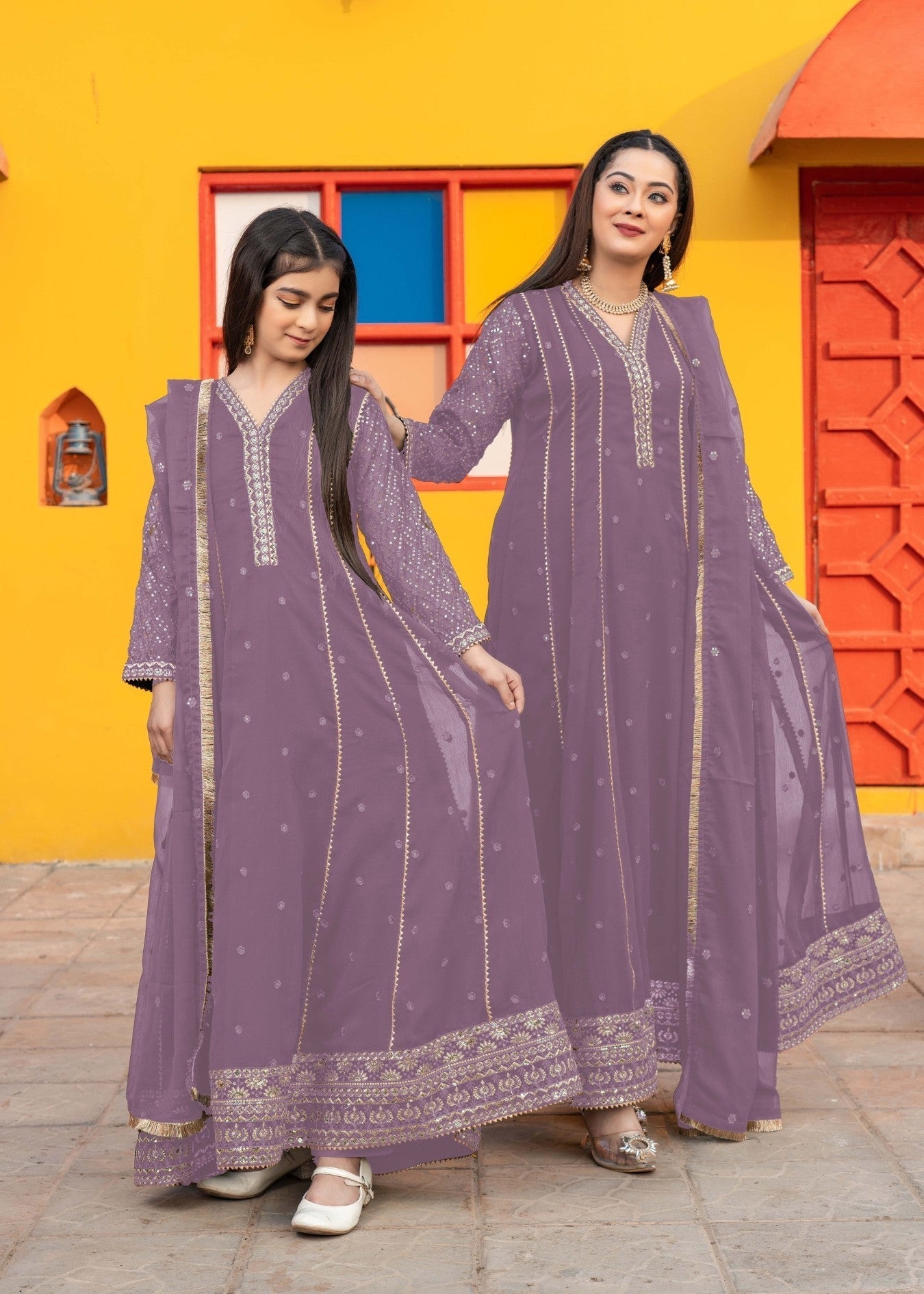 chiffon Pishwas in Lilac