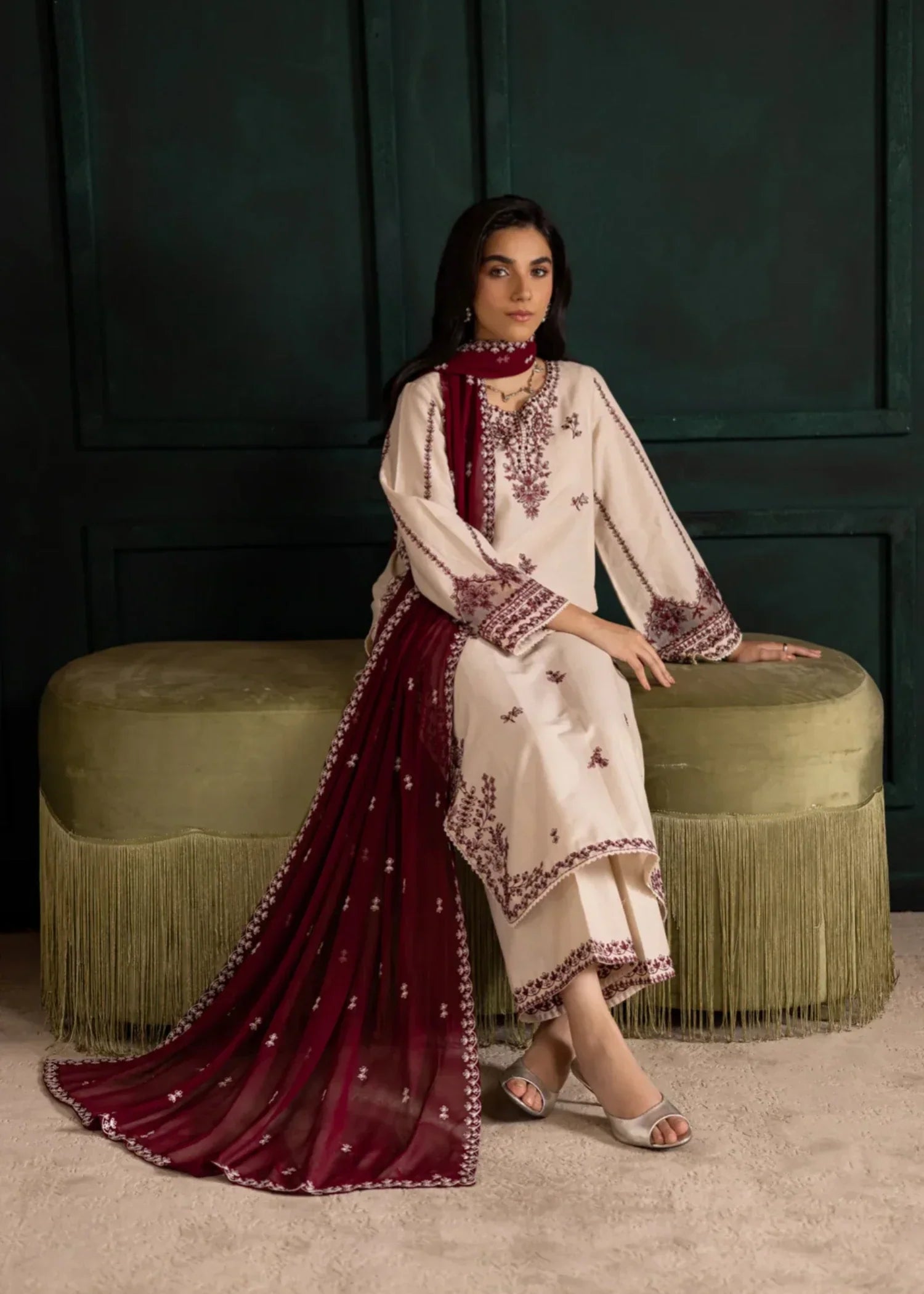 dhanak linen Kurta Set in Maroon, cream