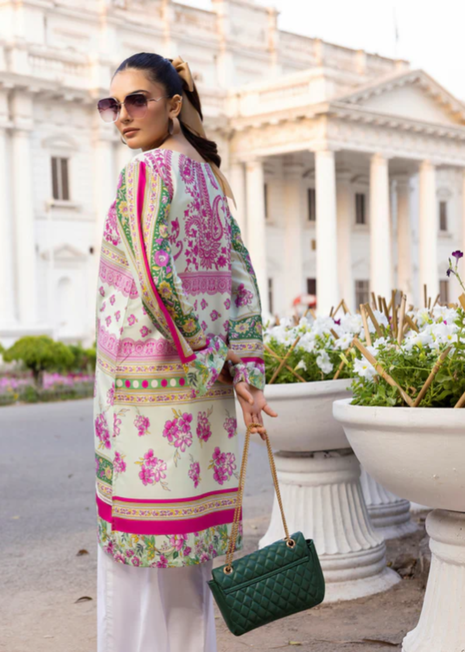 lawn Kurti in Forest green, white, lollipop pink