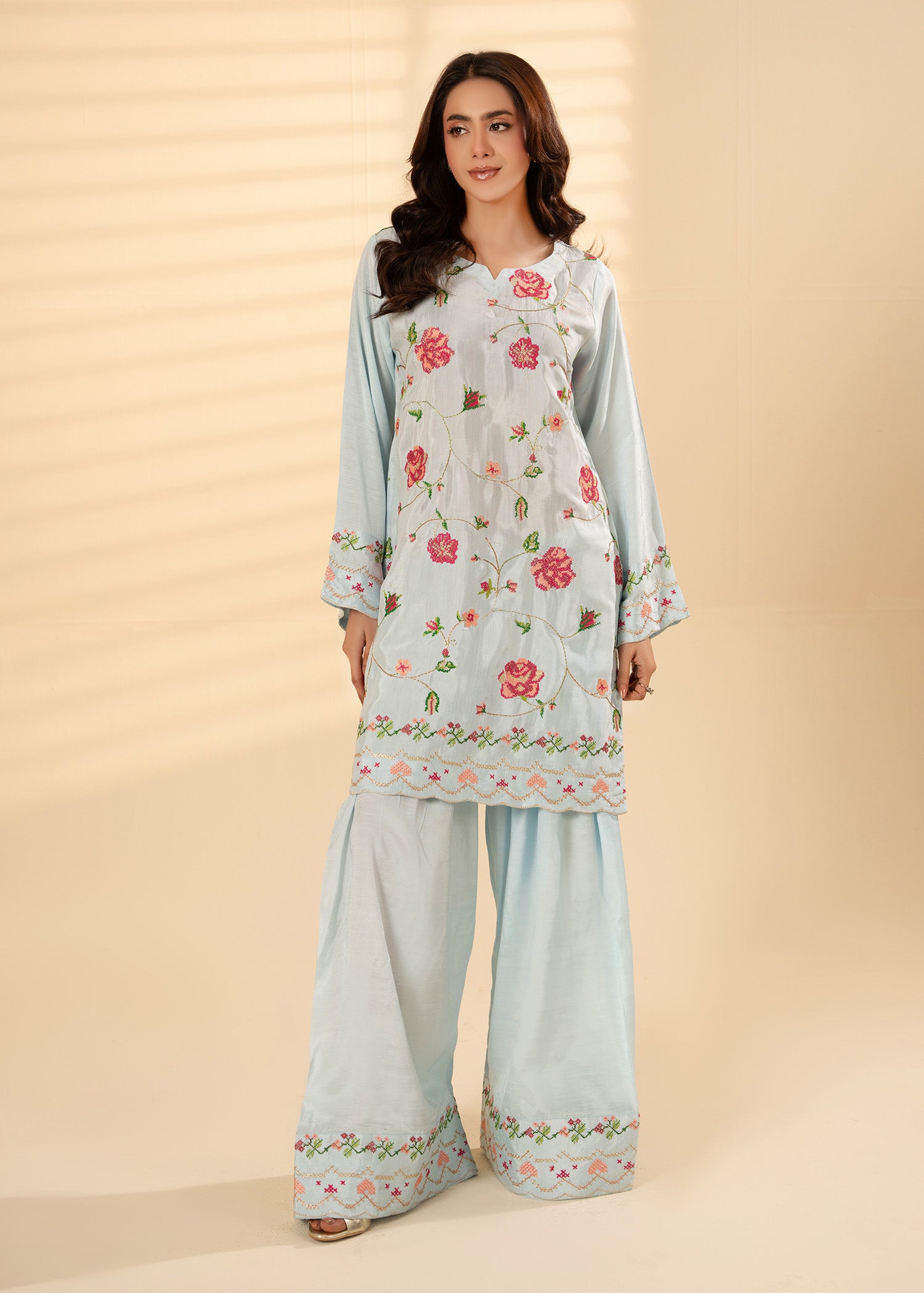 viscose raw silk Kurta Set in Ice blue