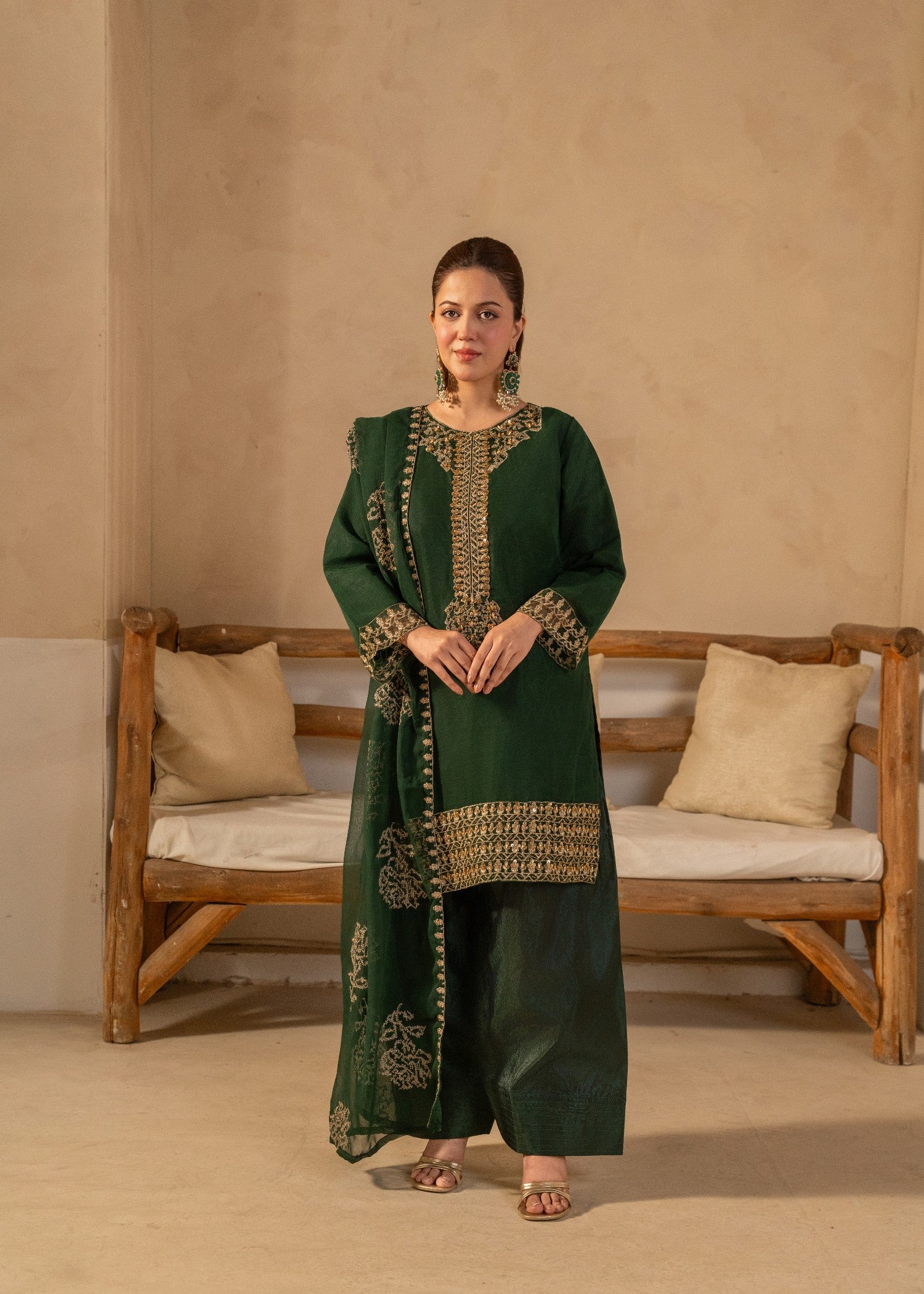 chiffon Kurta Set in Dark green