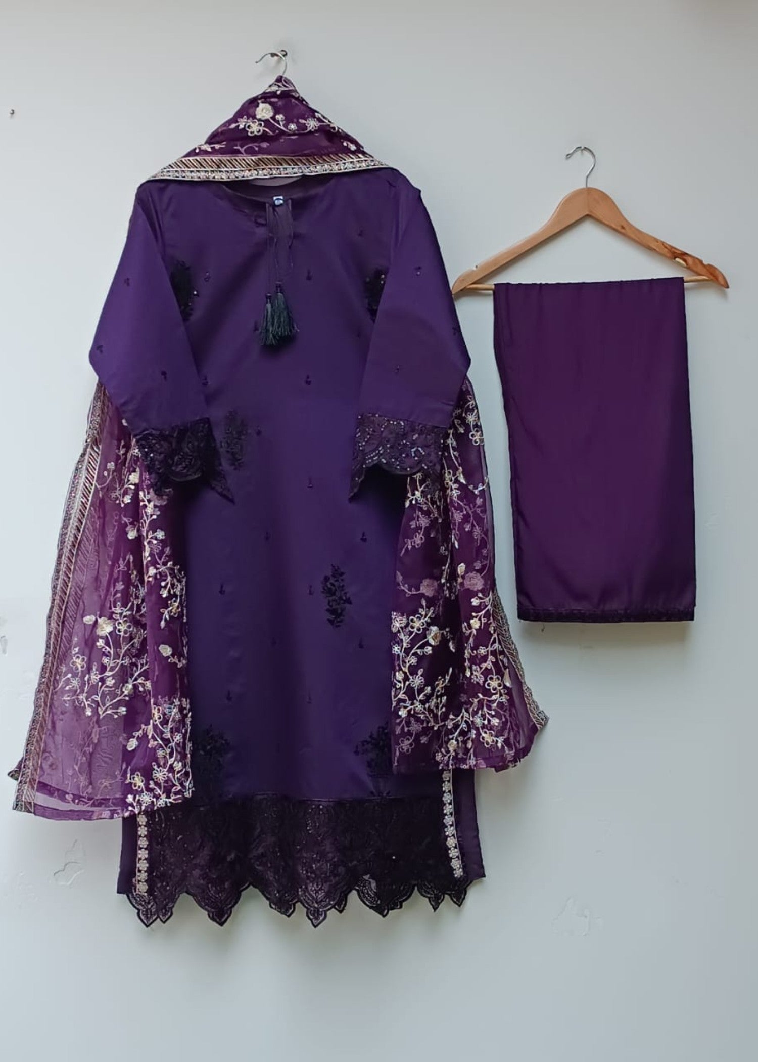 khaddi net Kurta Set in Purple heart