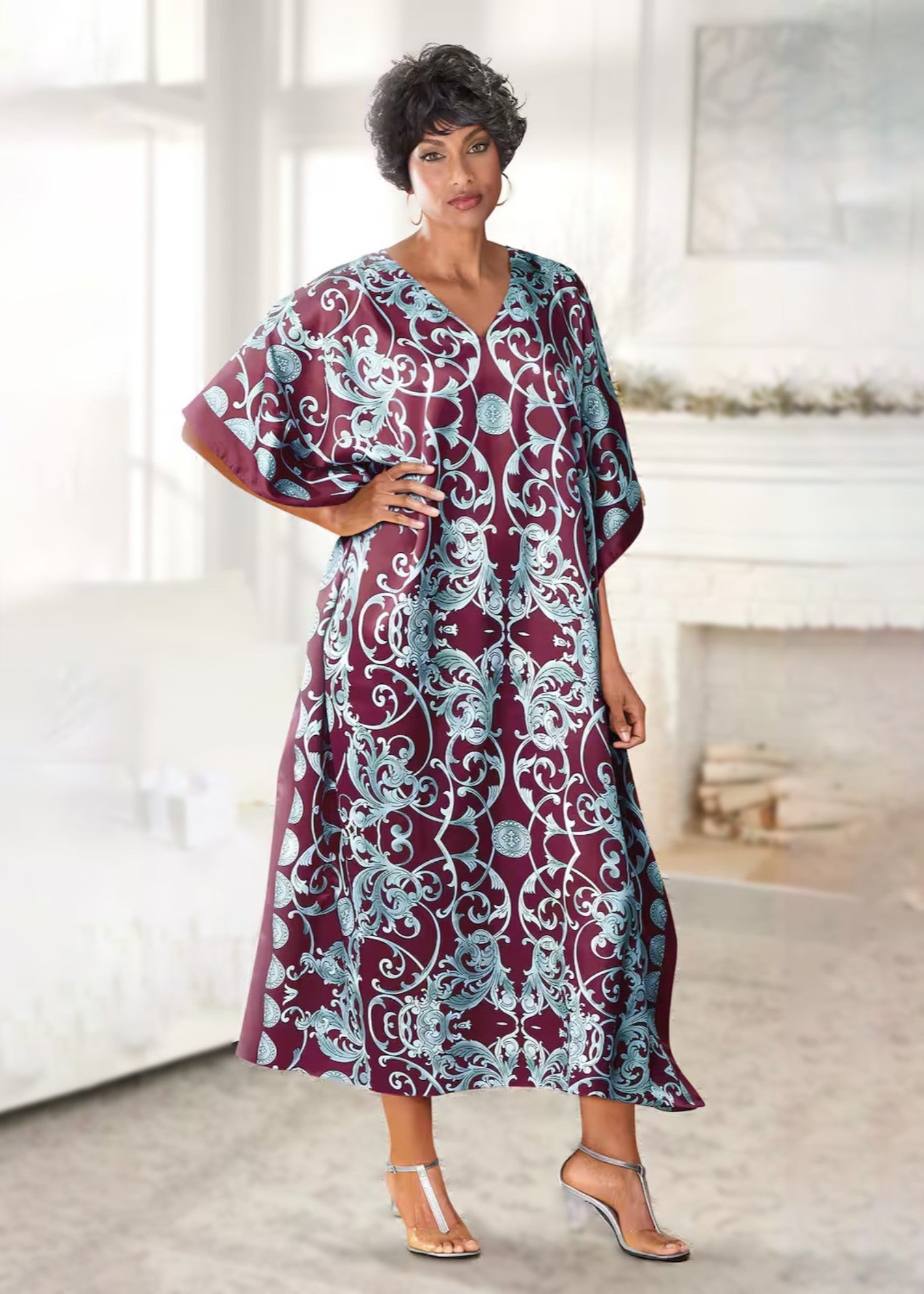 polyester kattan silk Kaftan in Burgundy