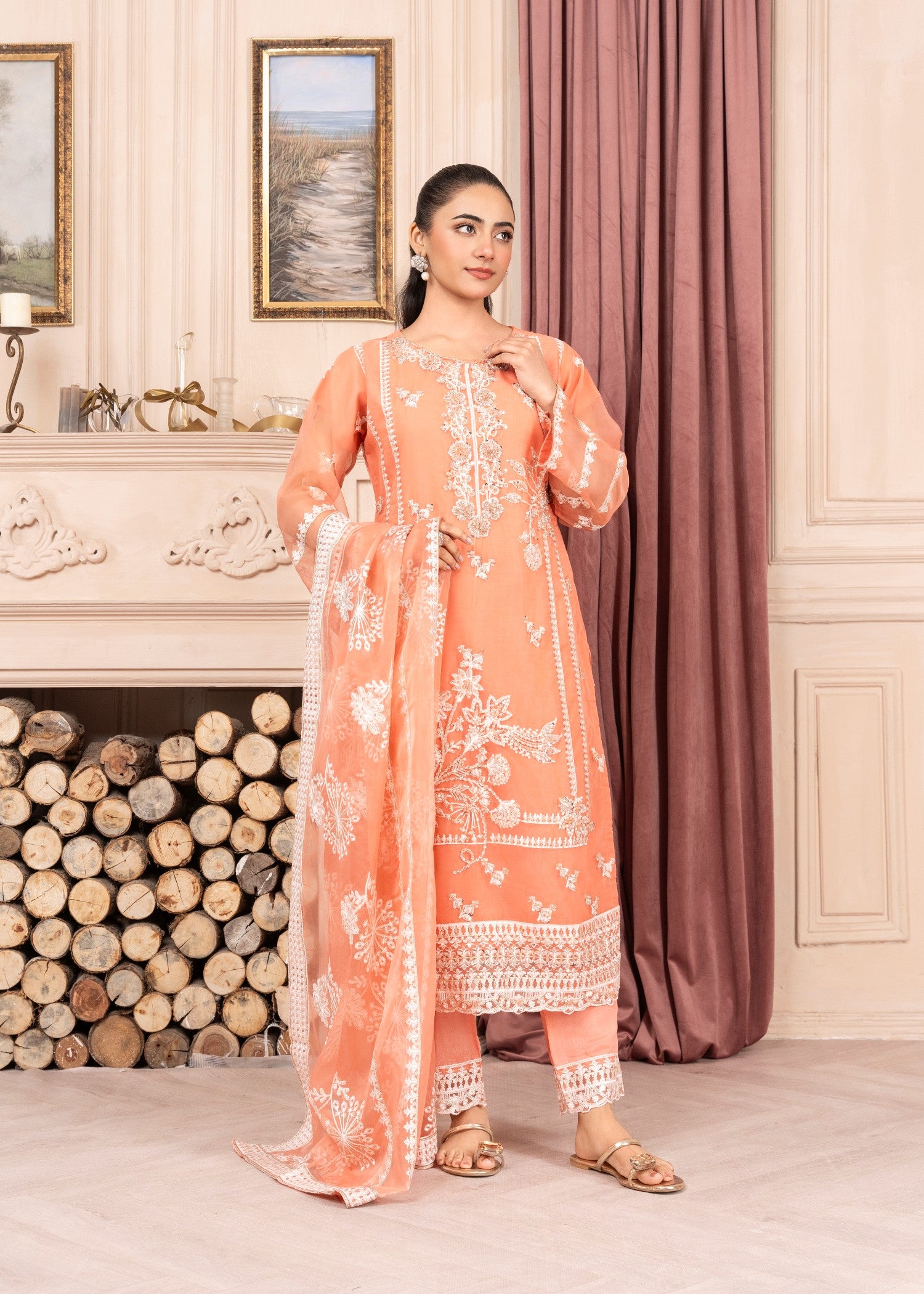 organza Kurta Set in Mandarin orange