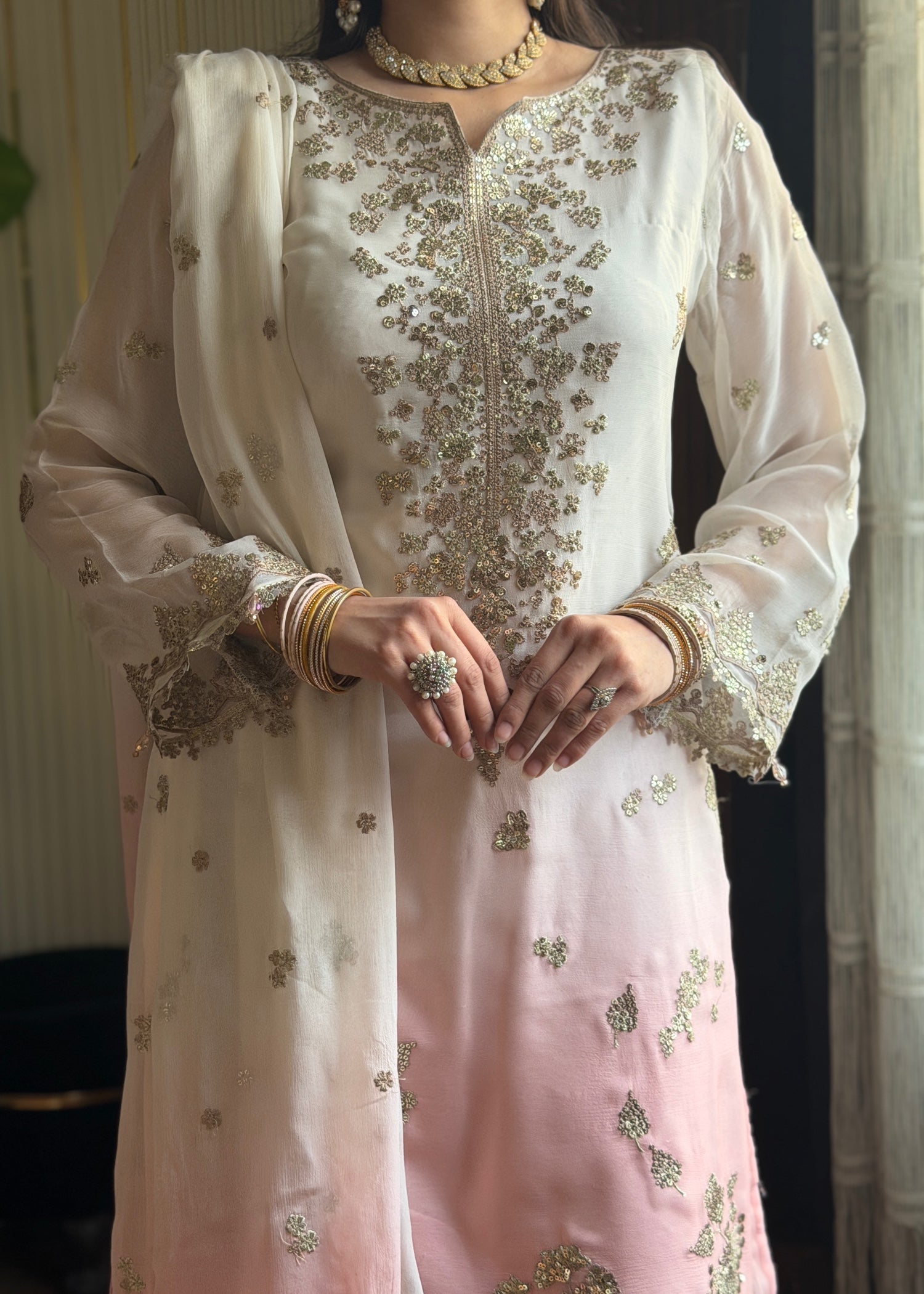 chiffon Kurta Set in Pink, off-white