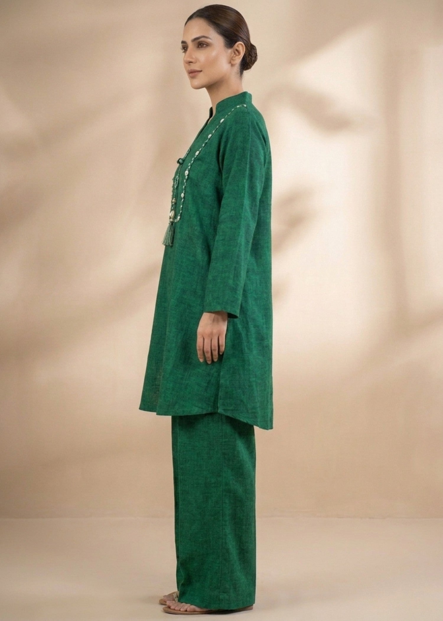 jacquard Kurta Set in Bottle green
