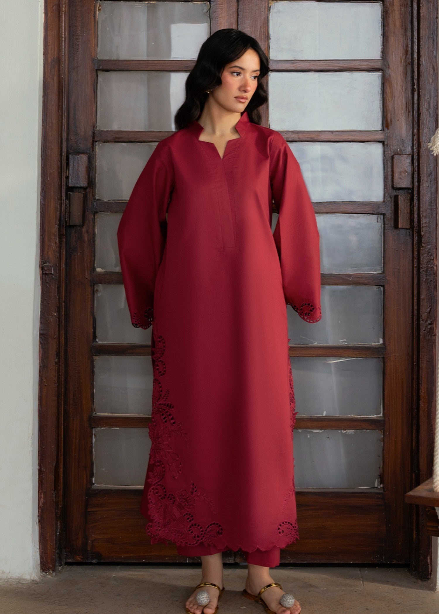 cotton Kurta Set in Carnation red
