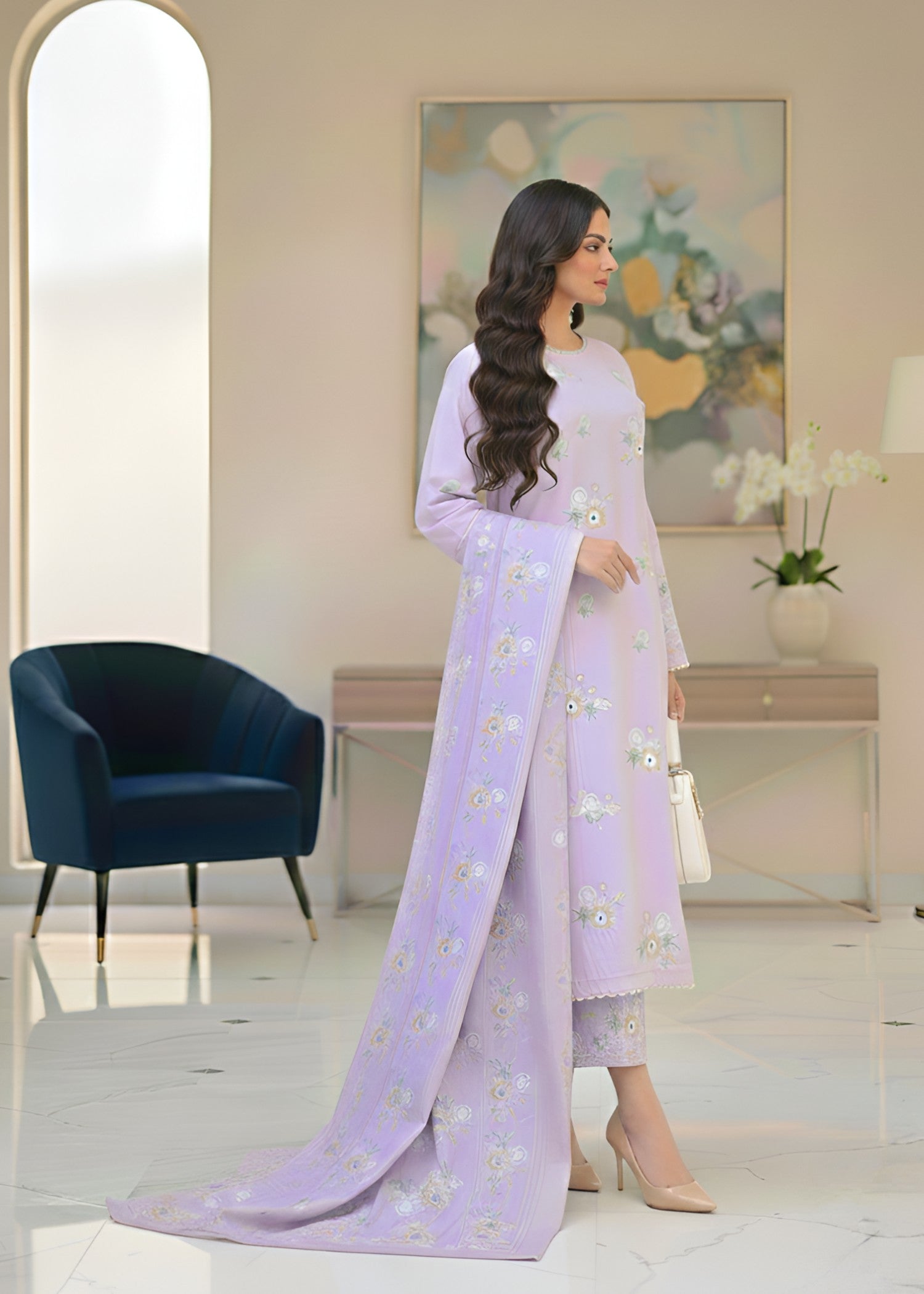 cambric Kurta Set in Lavender mist