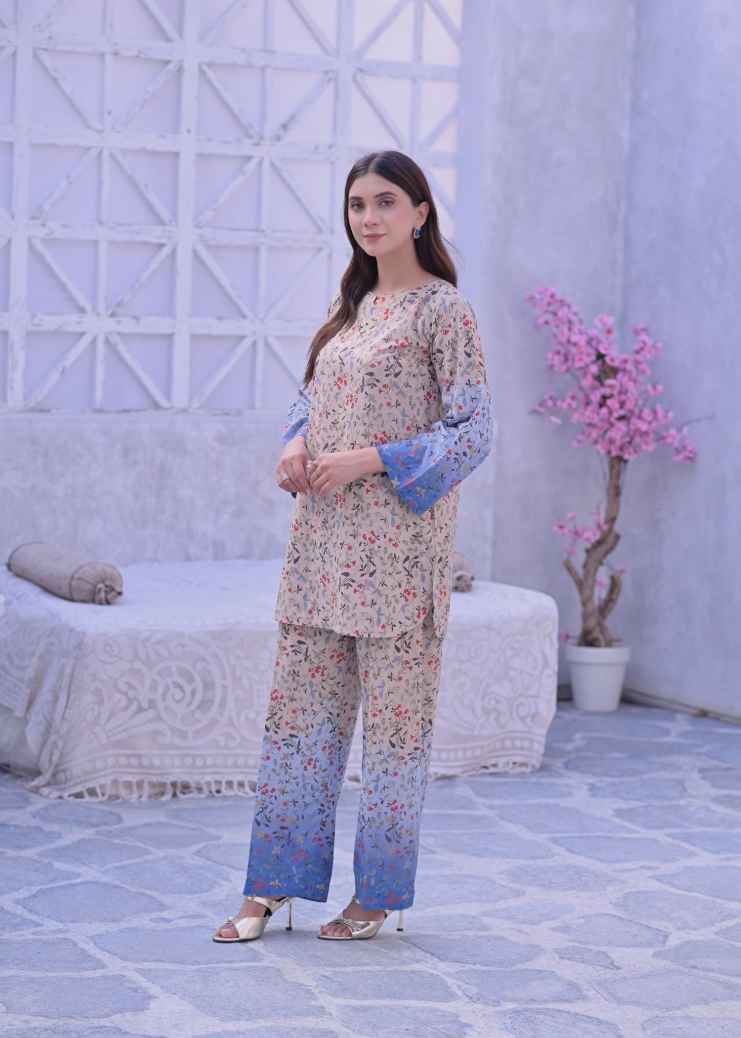 crepe Co Ord Sets in Beige, blue