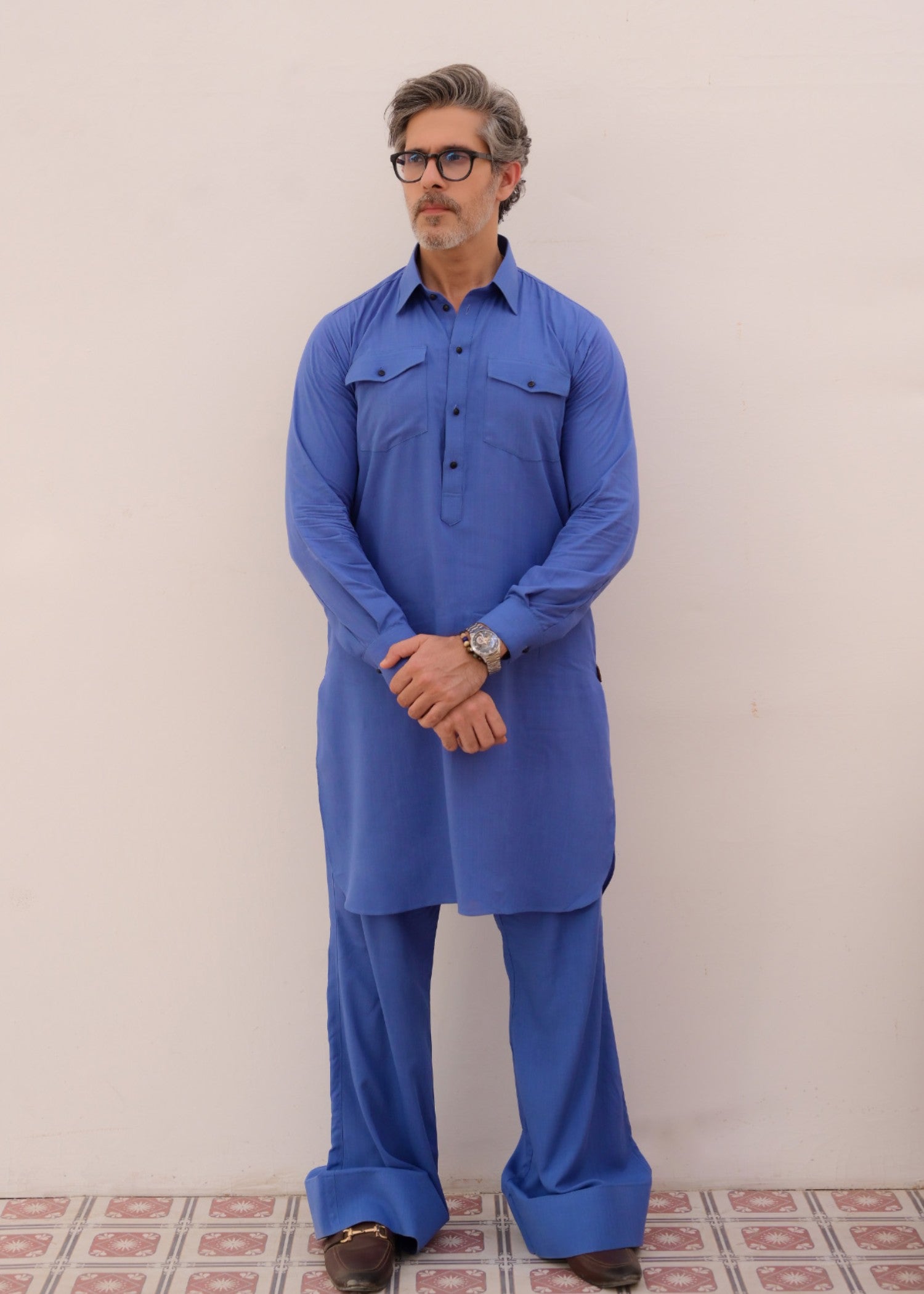 irish linen Kurta Set in Blue