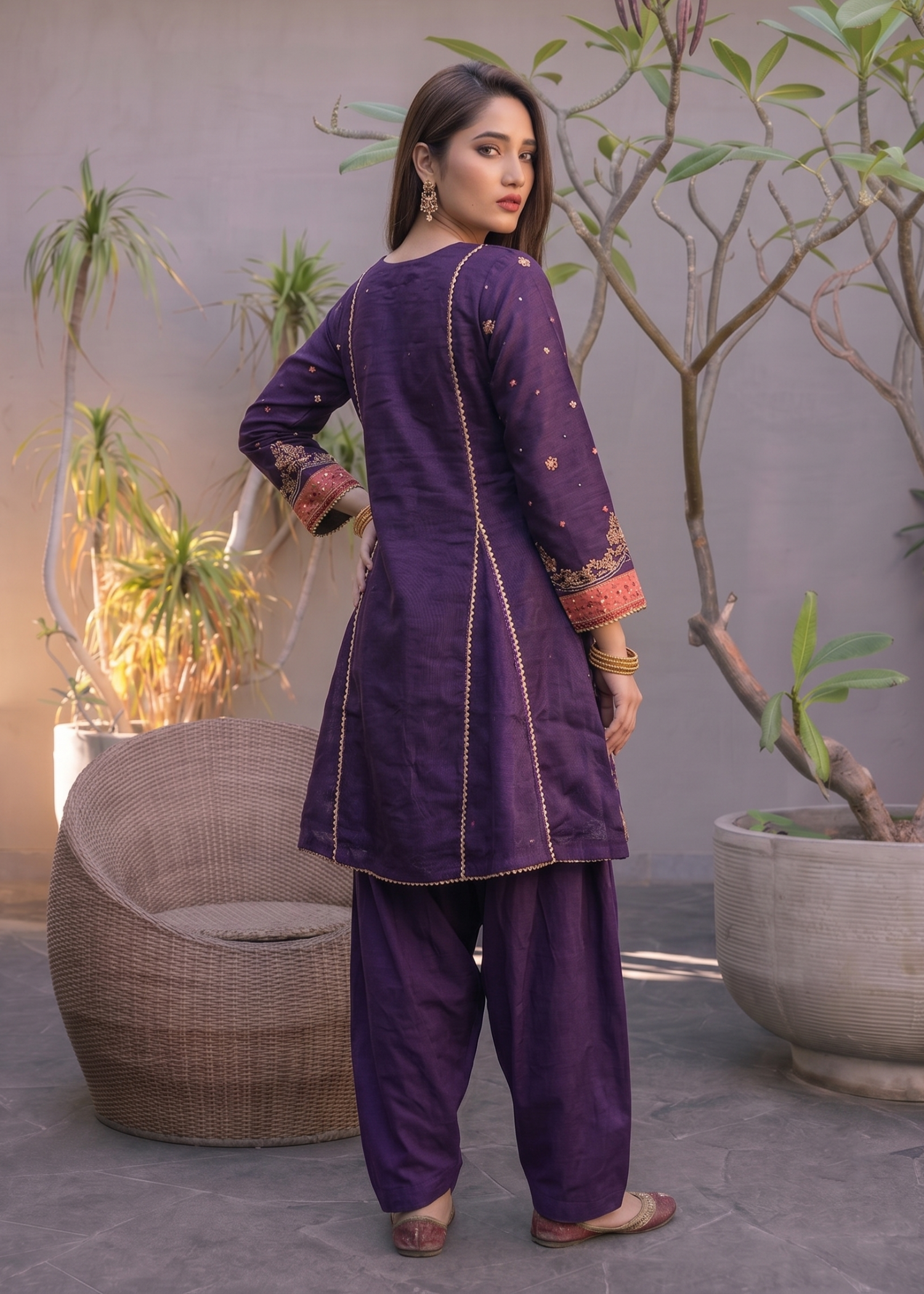 khaddi net Short Frock in Plum