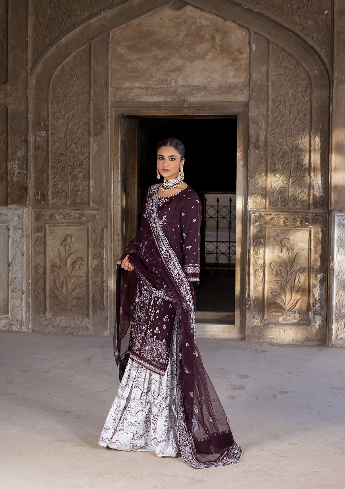 organza Gharara in Plum