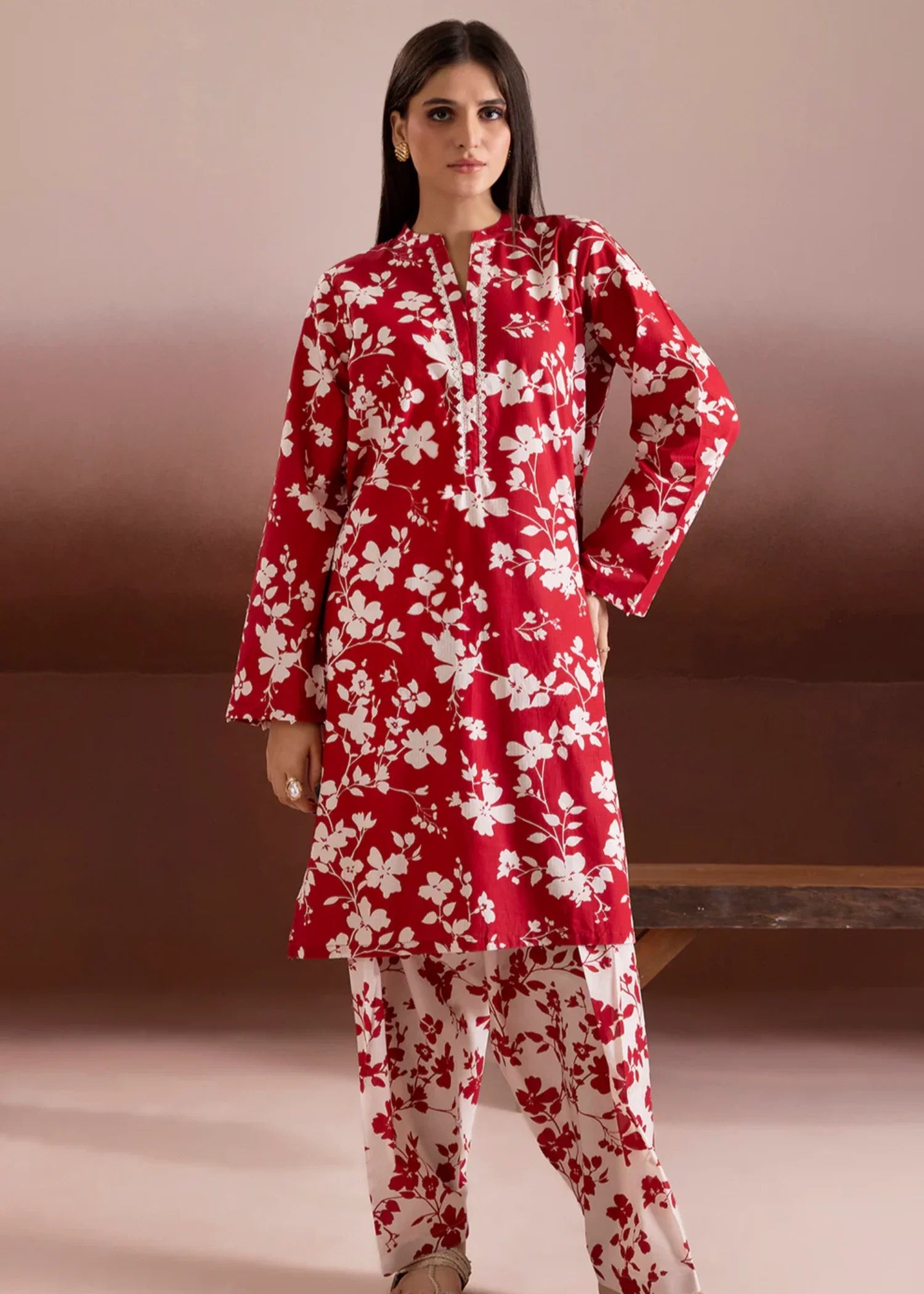 cambric Kurta Set in Red, white