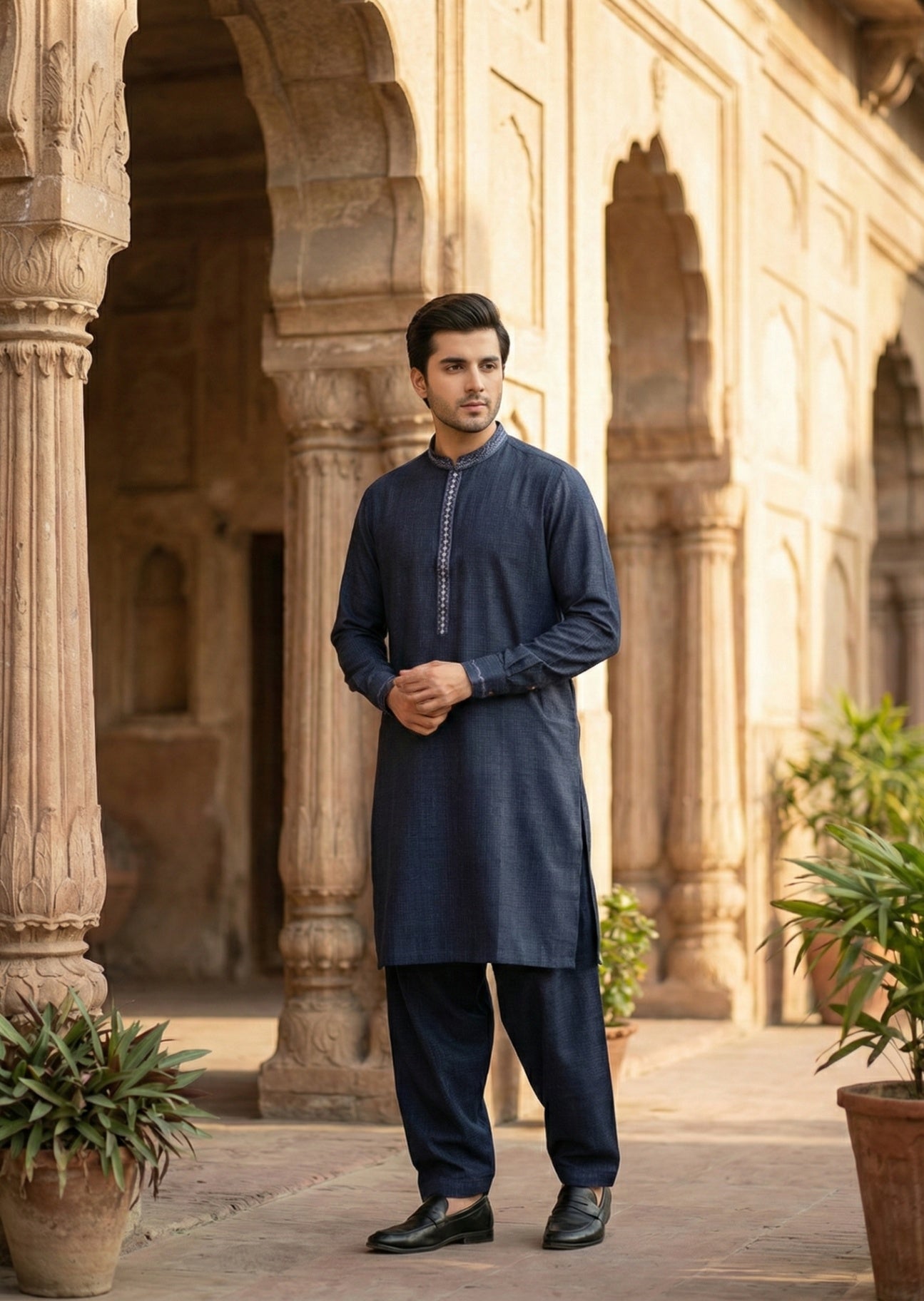 textured wash & wear Shalwar Kameez in Blue by Real Image Clothing