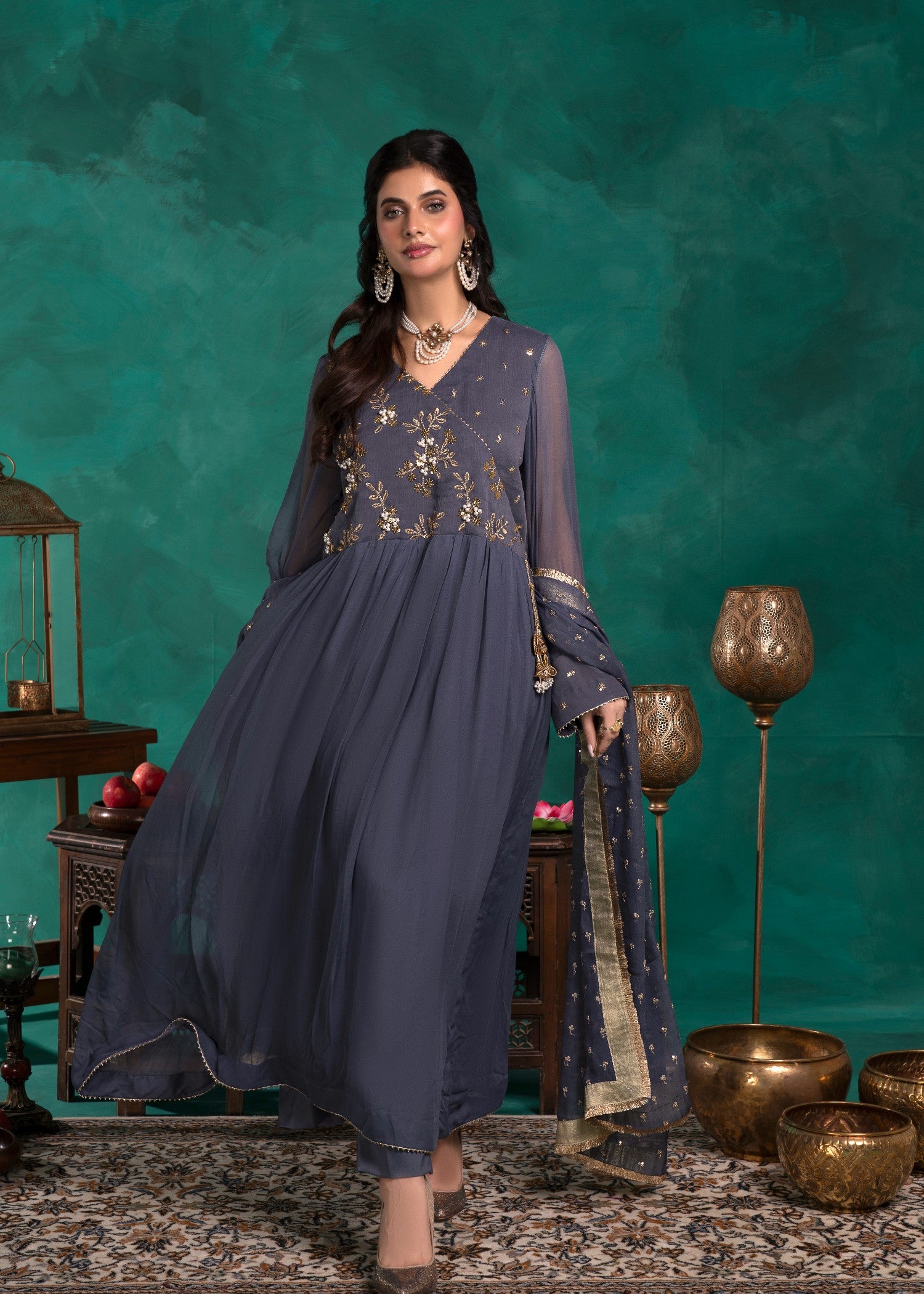chiffon Angrakha in Slate grey