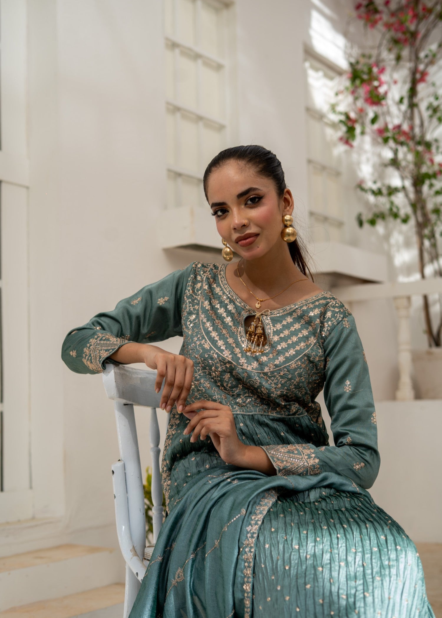 raw silk Kurta Set in Moss green
