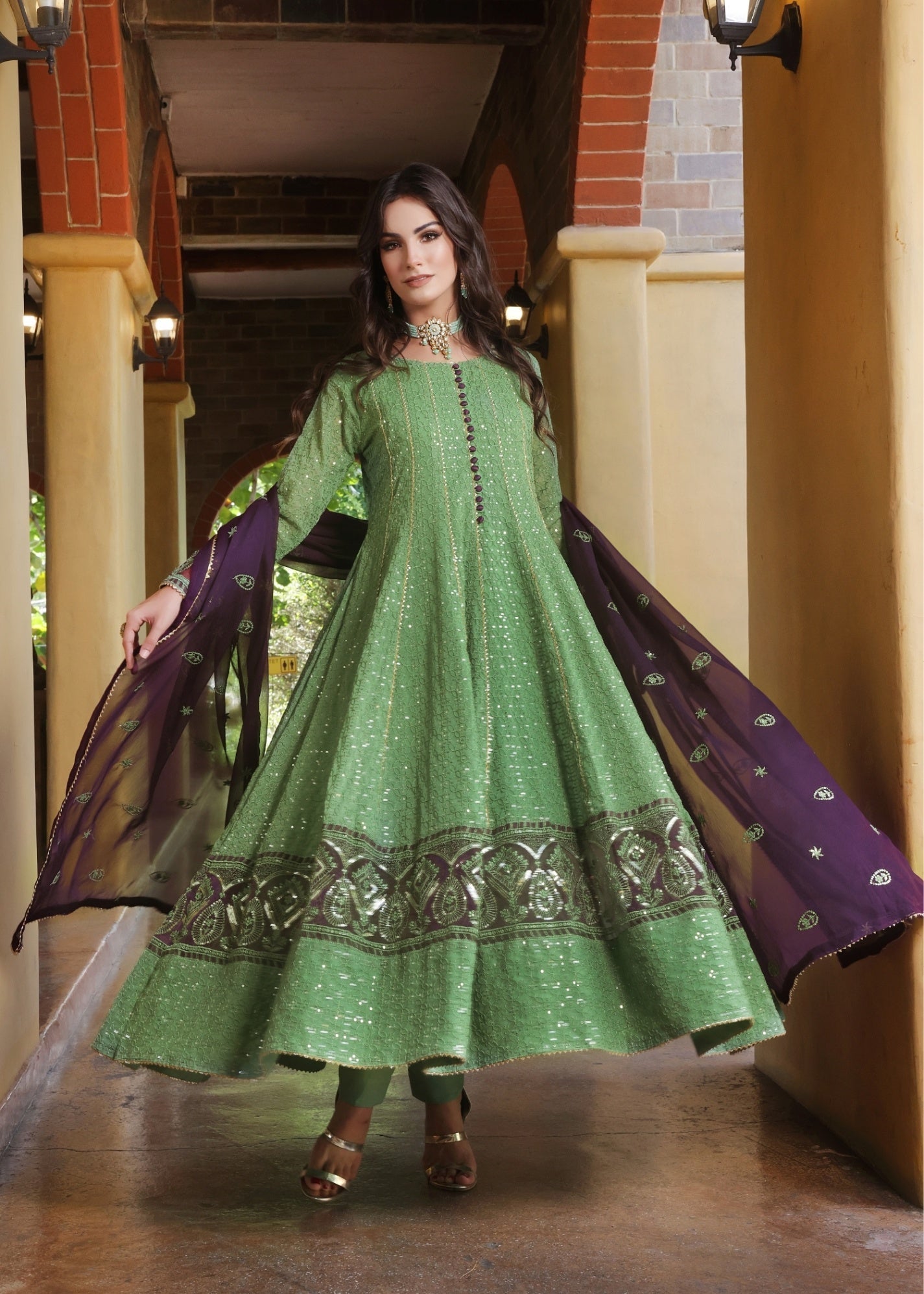 chiffon Pishwas in Pistachio green
