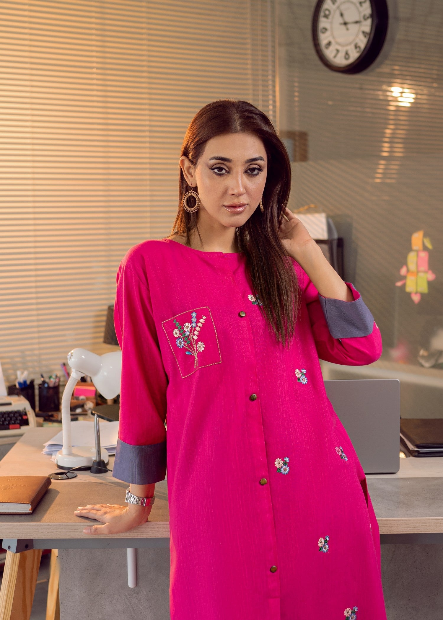 slub khaddar Kurta Set in Magenta, grey