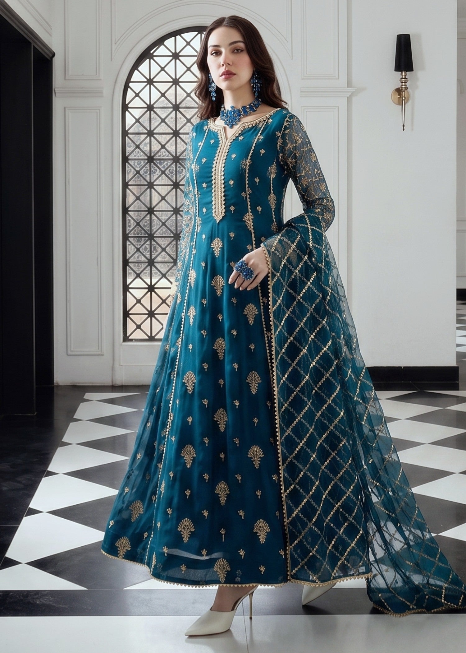 chiffon Anarkali in Prussian blue, twilight blue