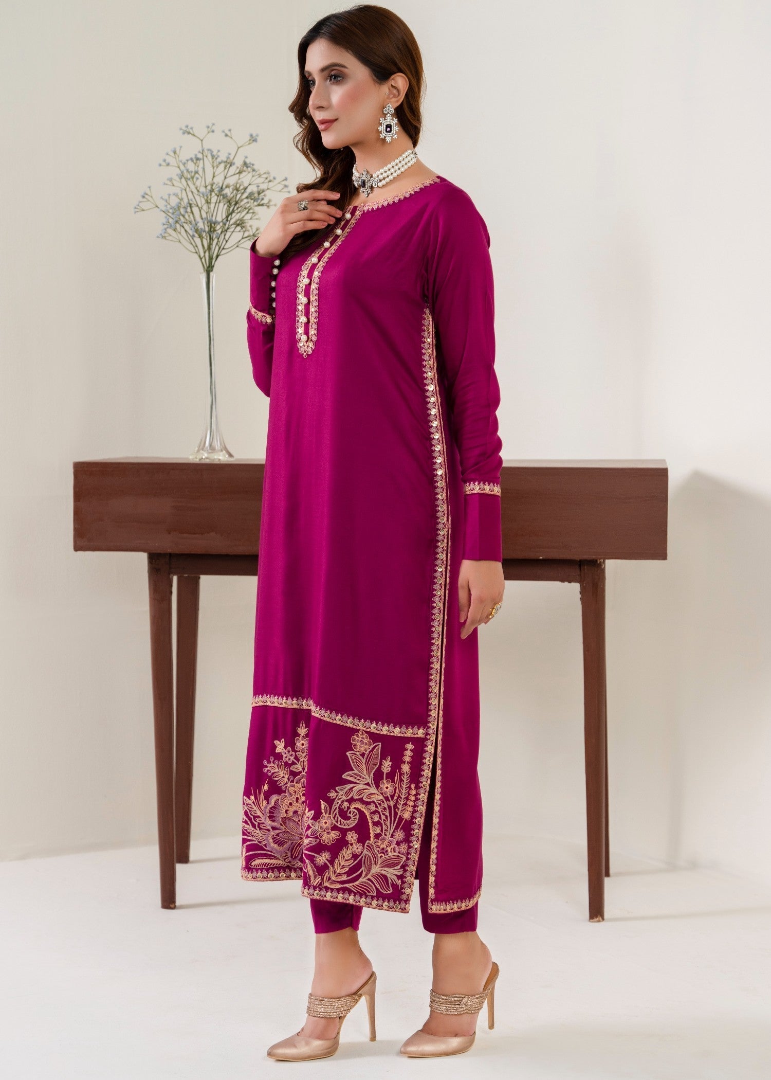 twill khaddar Kurta Set in Plum
