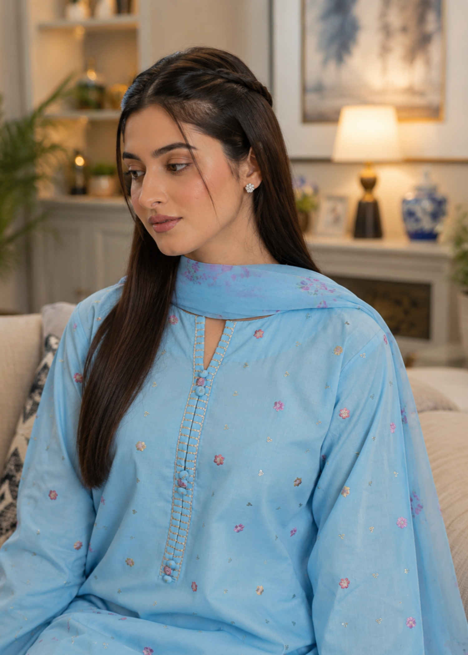 cotton linen Kurta Set in Sky