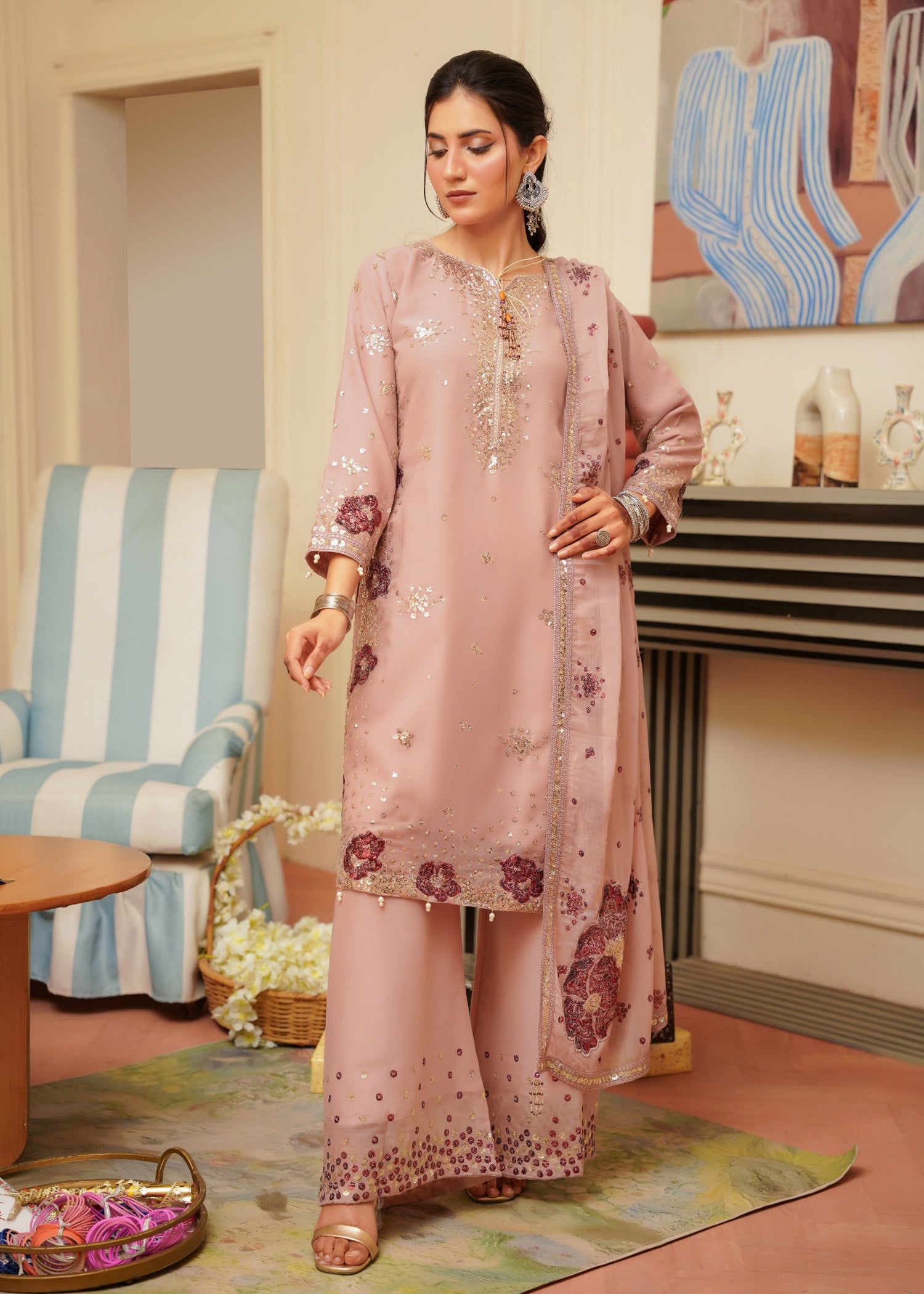 chiffon Kurta Set in Tea rose pink