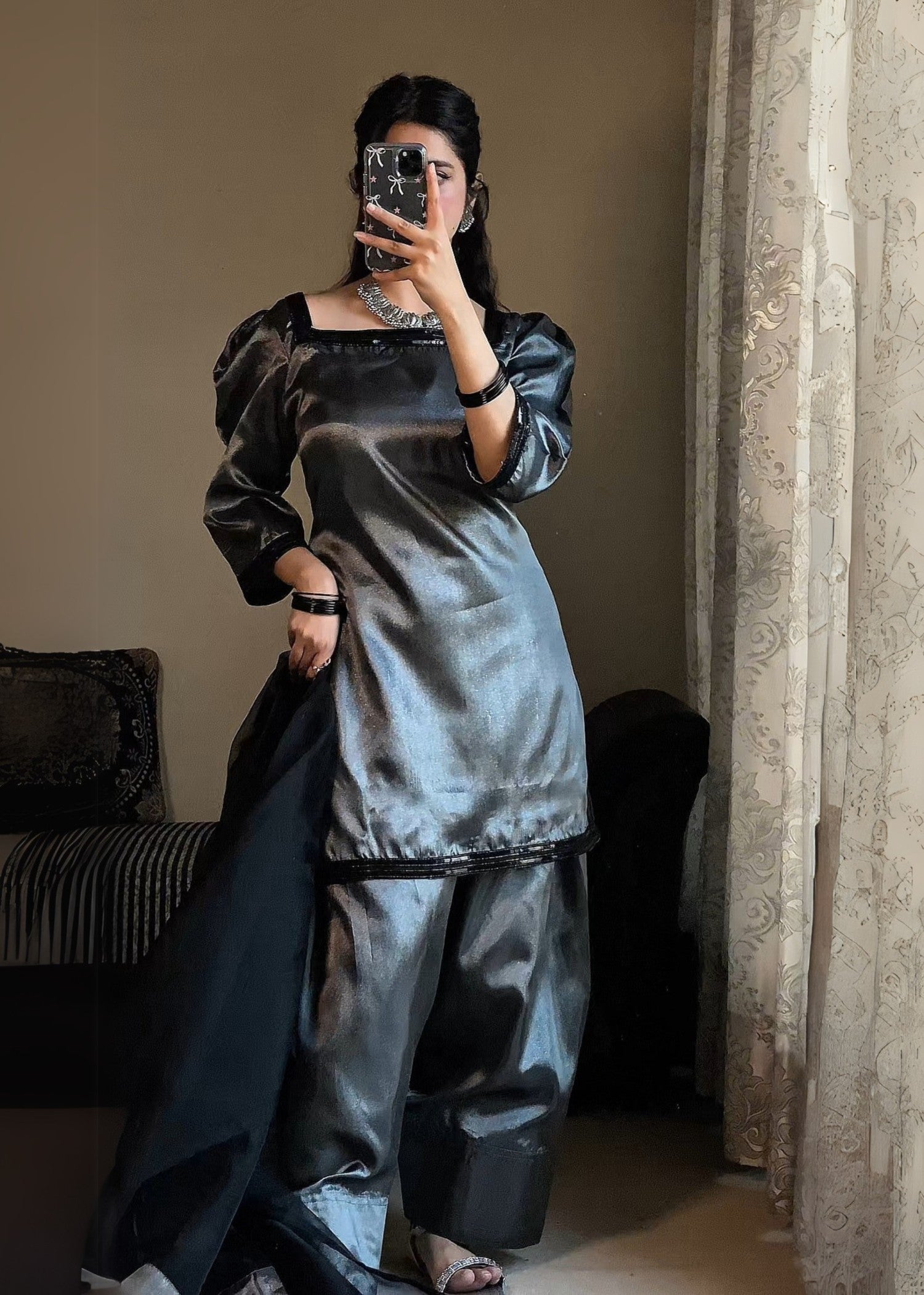 tissue silk Kurta Set in Charcoal black