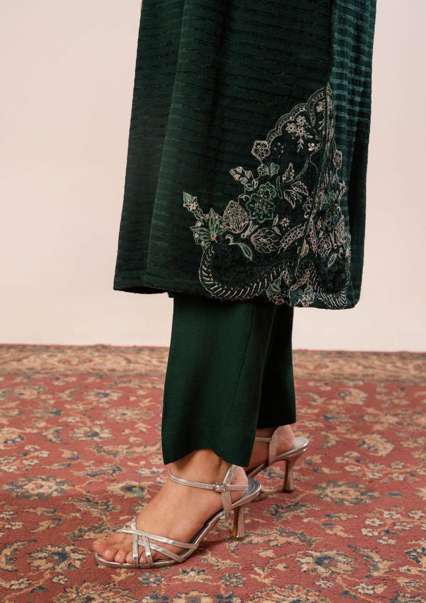 velvet jacquard Kurta Set in Bottle green