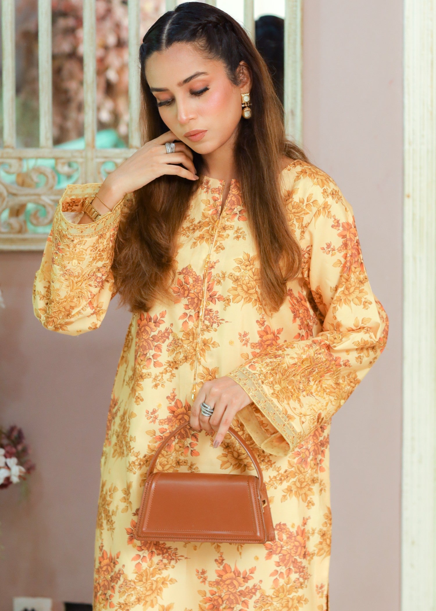 silk finish lawn Co Ord Sets in Mustard