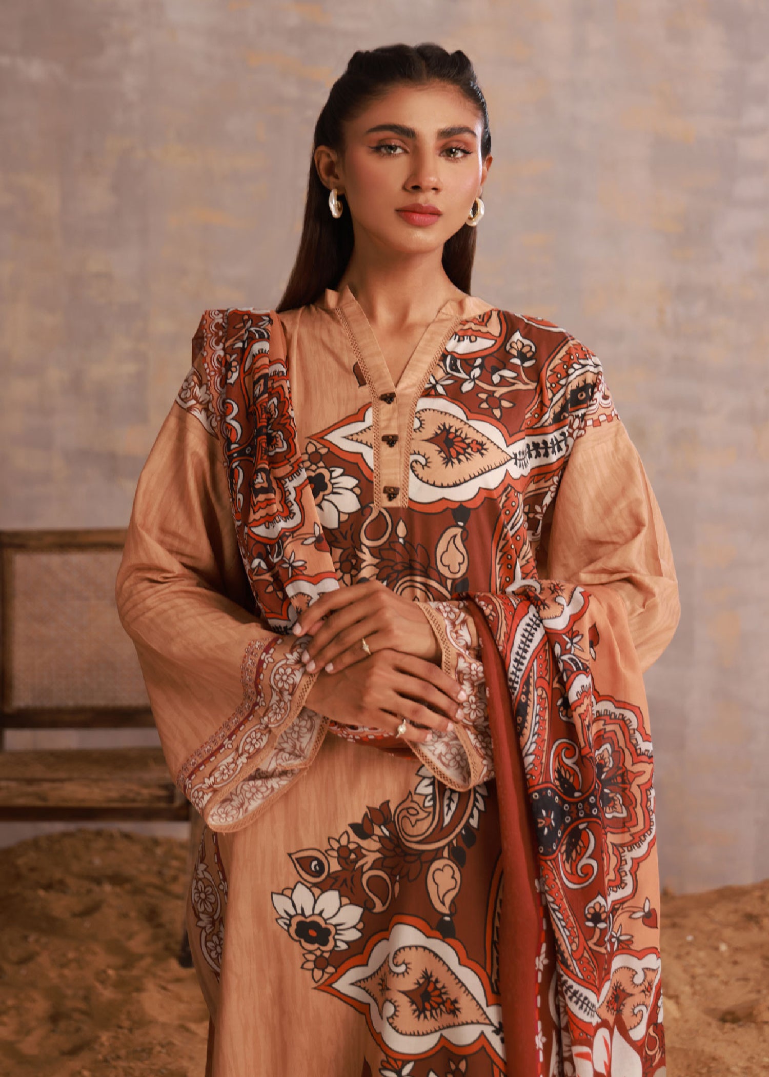 cambric Kurta Set in Peach pink