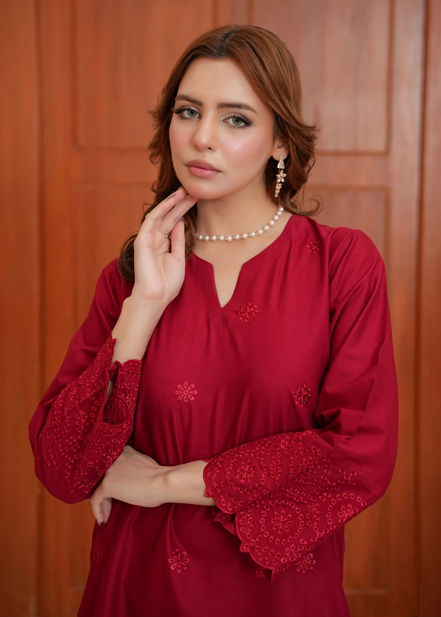 lawn Kurta Set in White, maroon