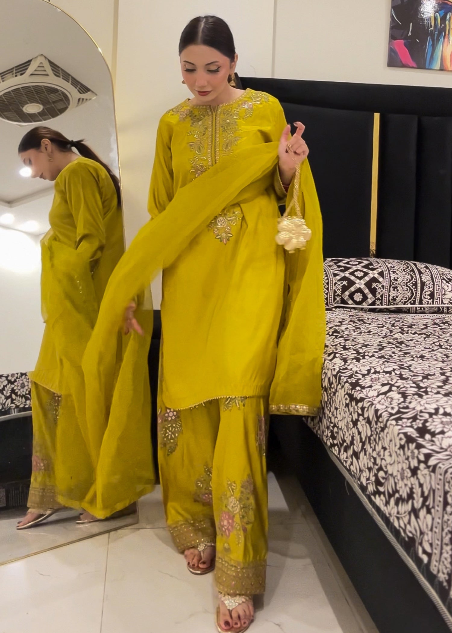poly silk Kurta Set in Straw