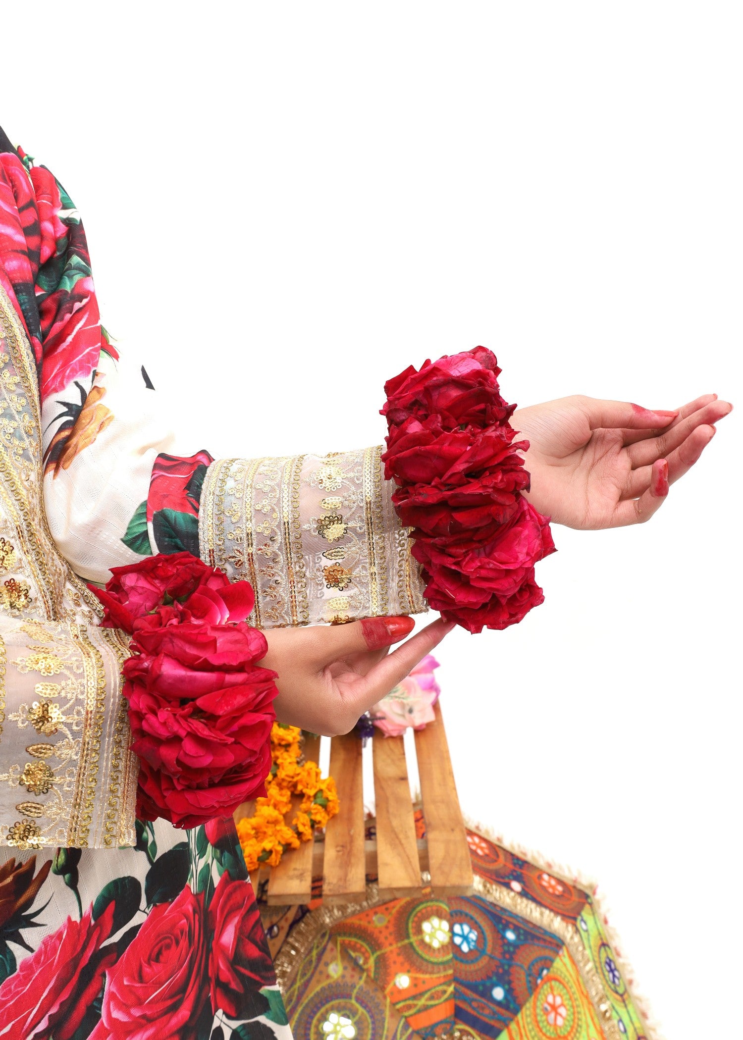 textured lawn Kurta Set in White, multi