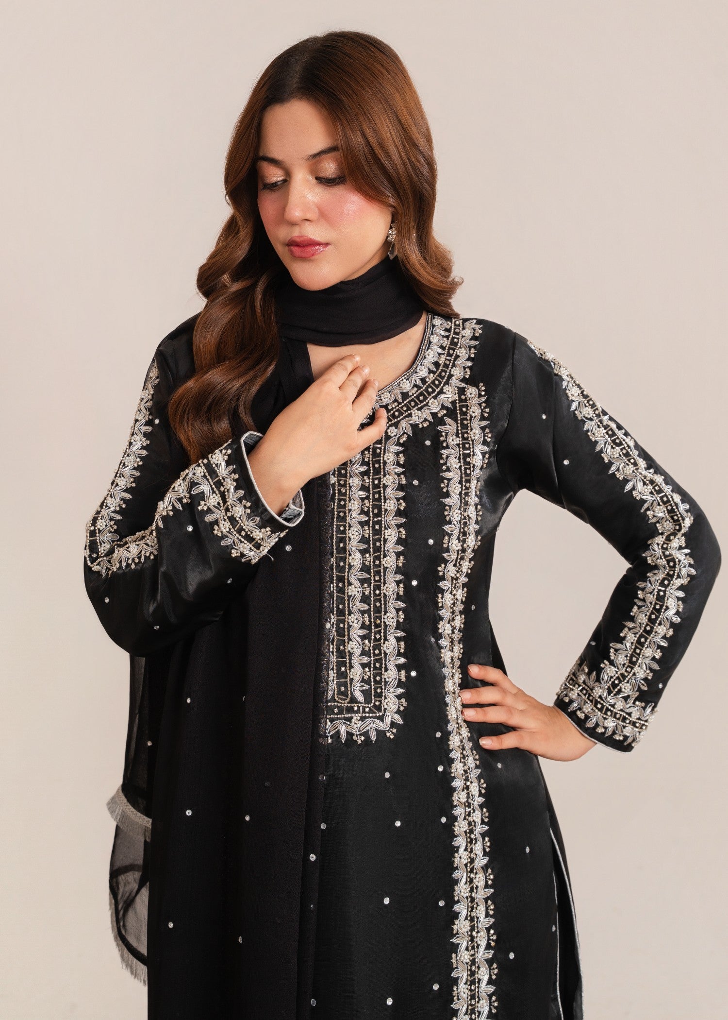 satin silk Kurta Set in Black