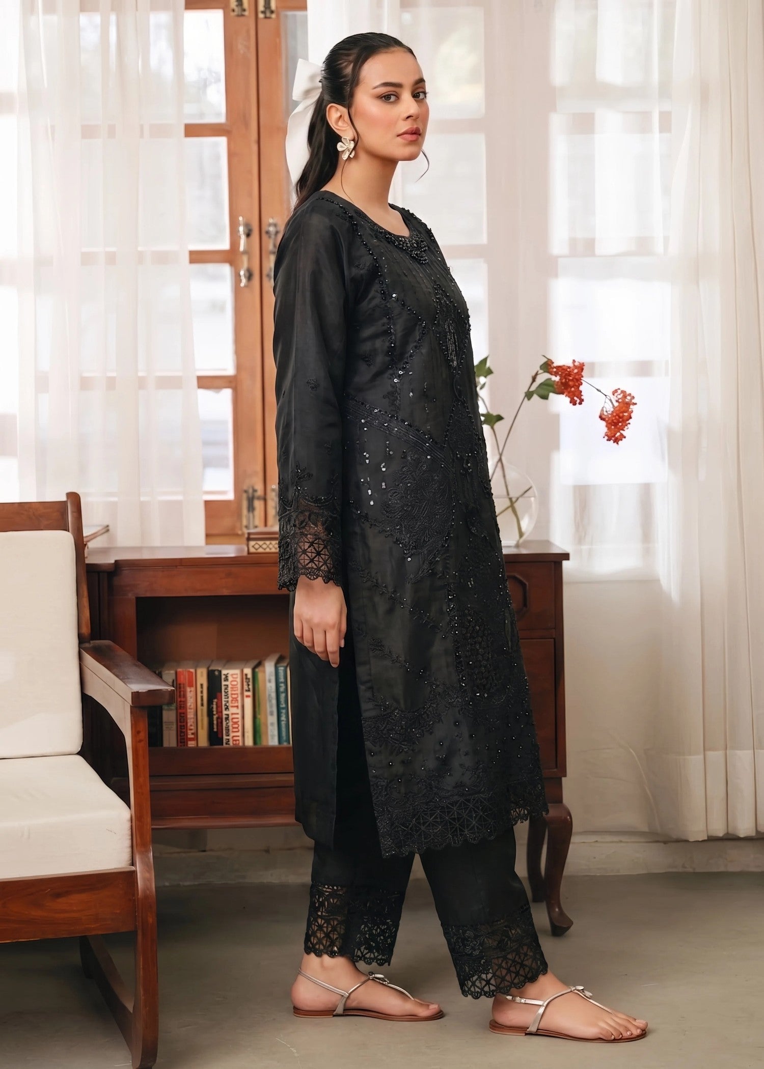 organza Kurta Set in Jet black