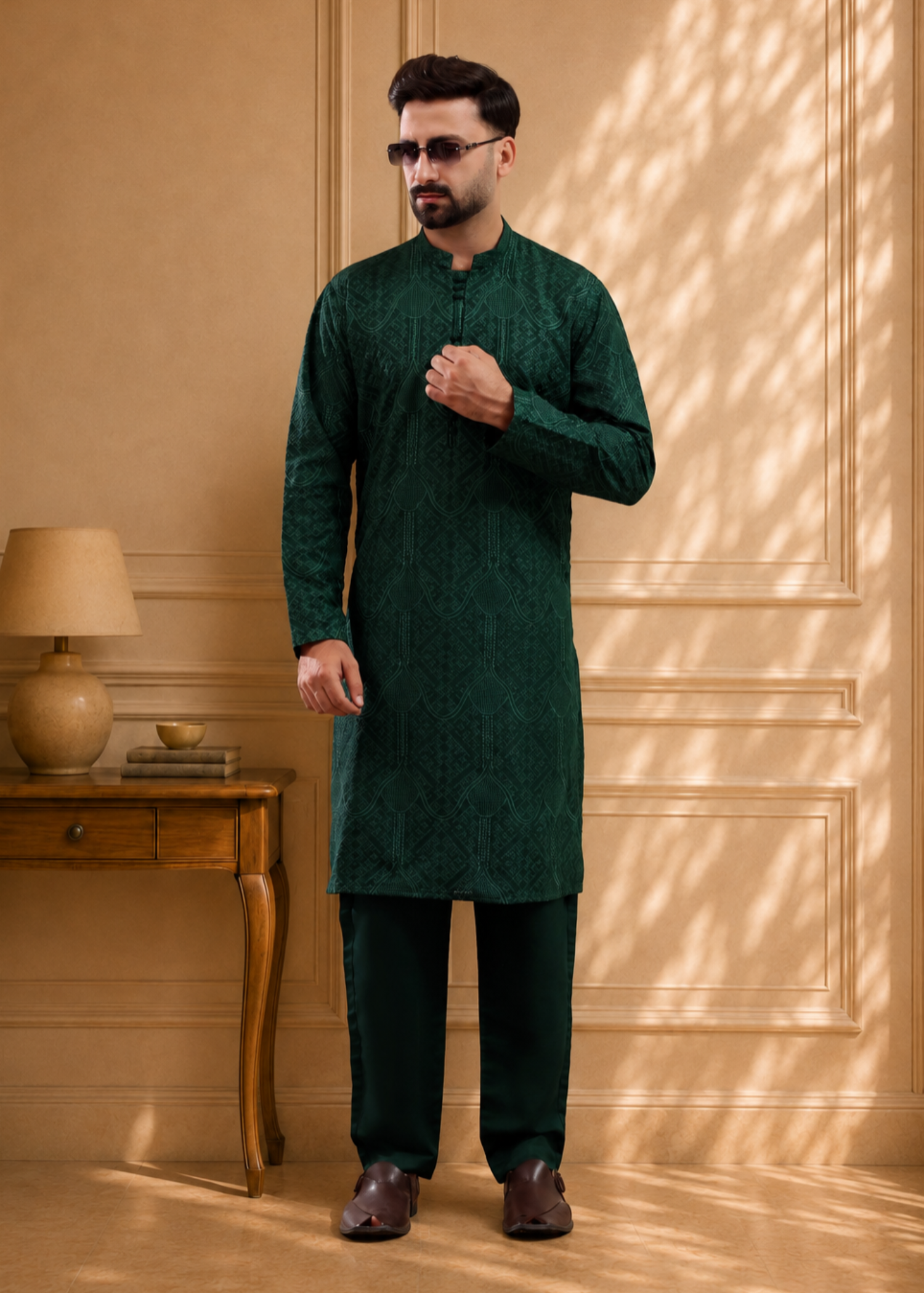 jamawar Prince Coat in Dark green