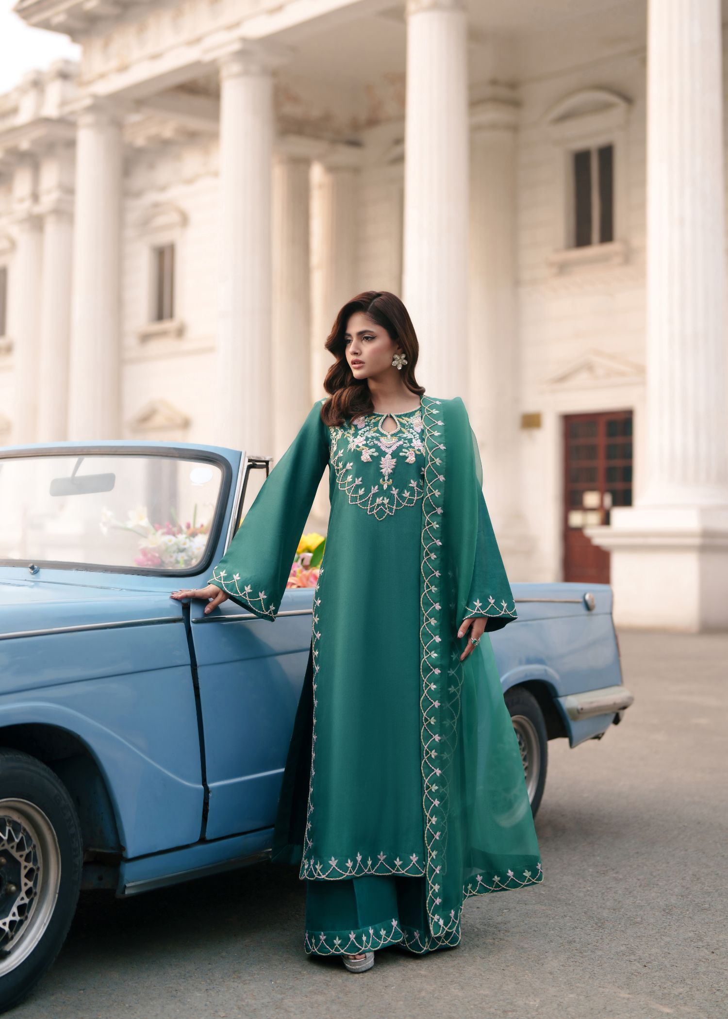 tissue silk Kurta Set in Pine green