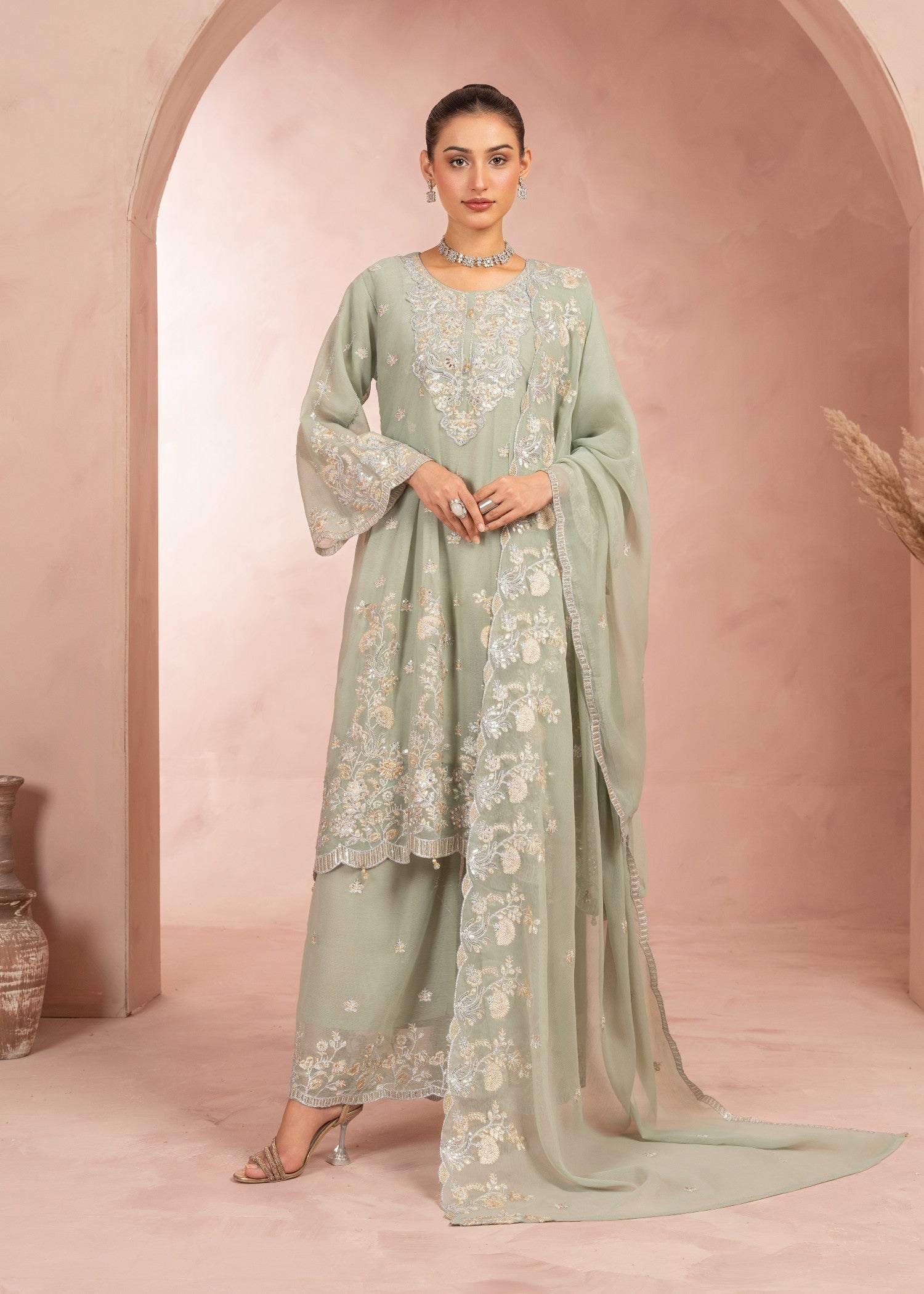 bemberg crinkle chiffon Short Frock in Pistachio green