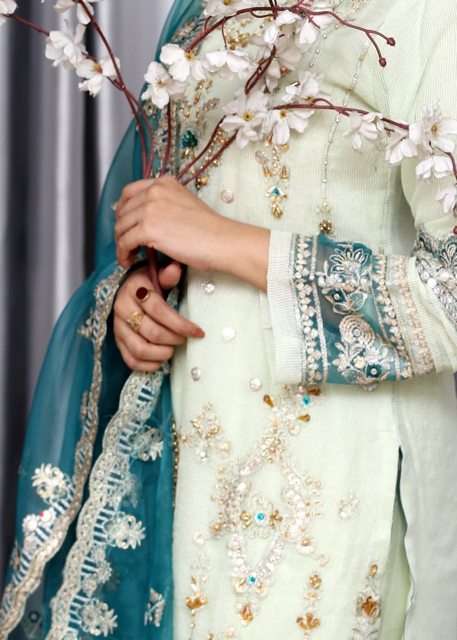 organza Kurta Set in Moss green