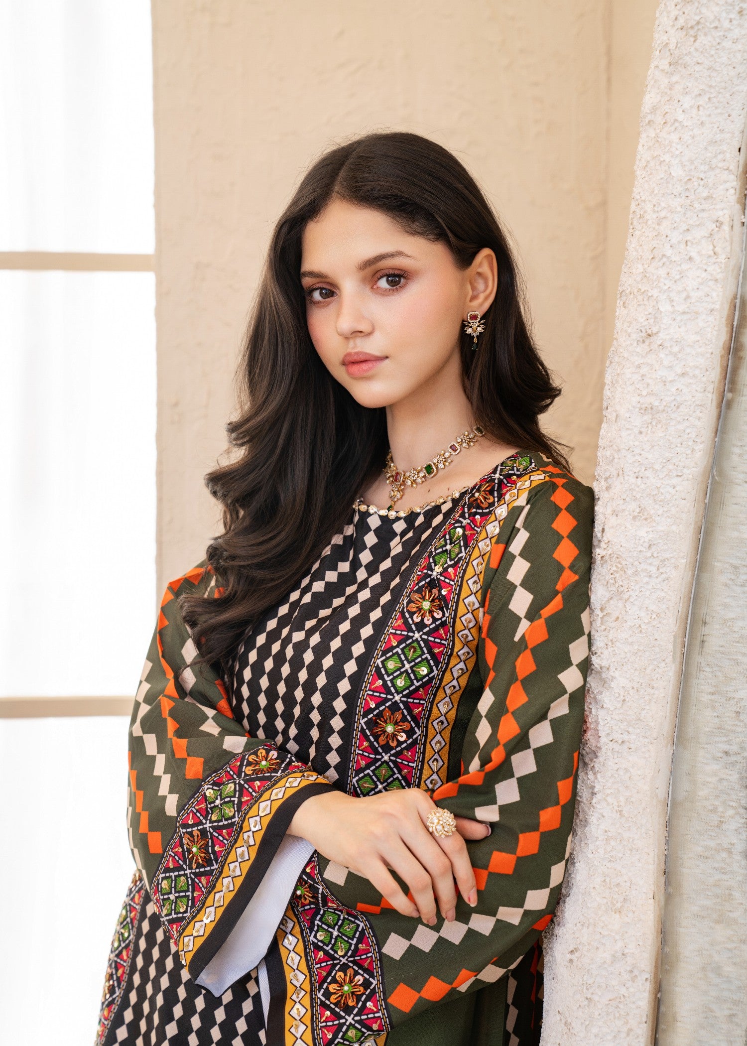 silk grip Kurta Set in Walnut brown, coral orange, olive green
