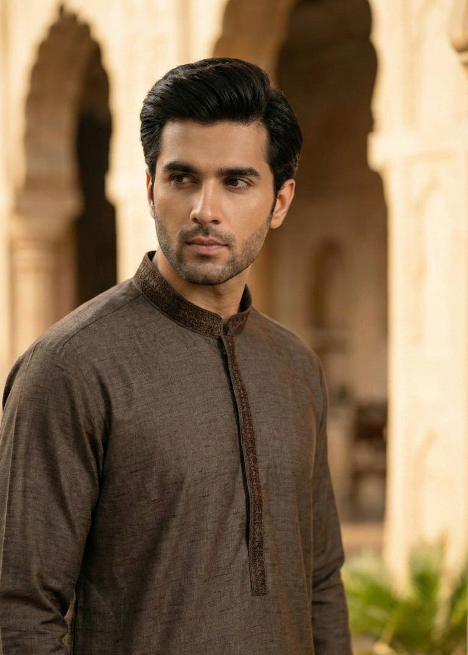 textured wash & wear Shalwar Kameez in Brown