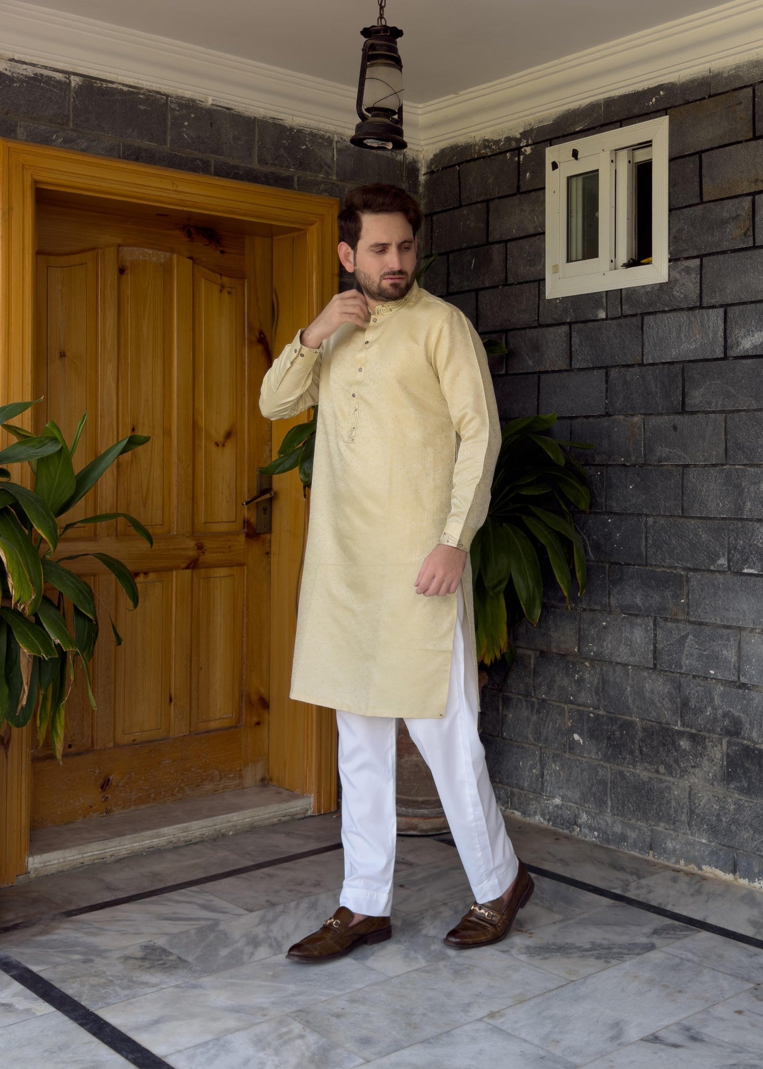 traditional jamawar Kurta in Autumn gold