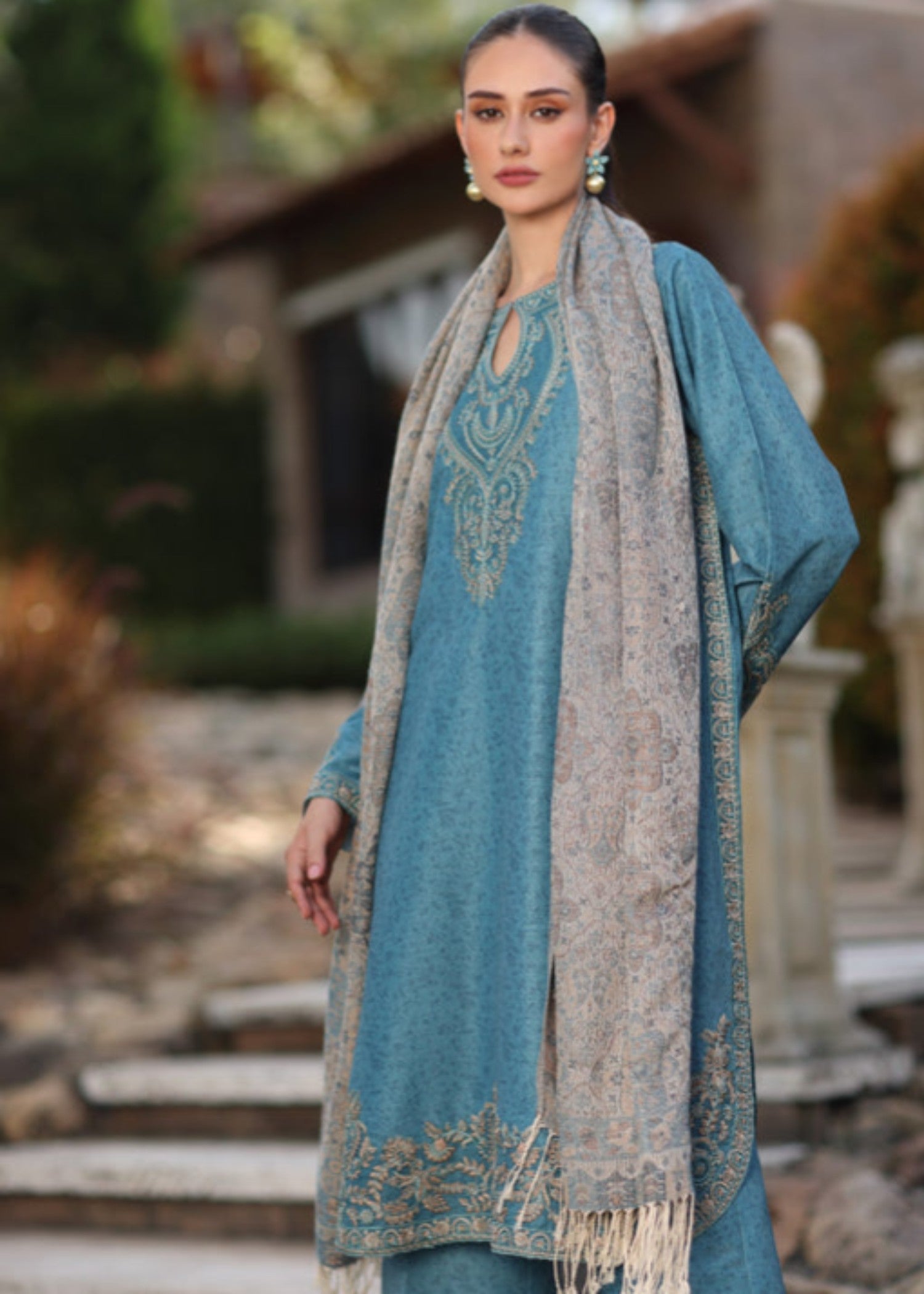 khaddar Kurta Set in Steel blue
