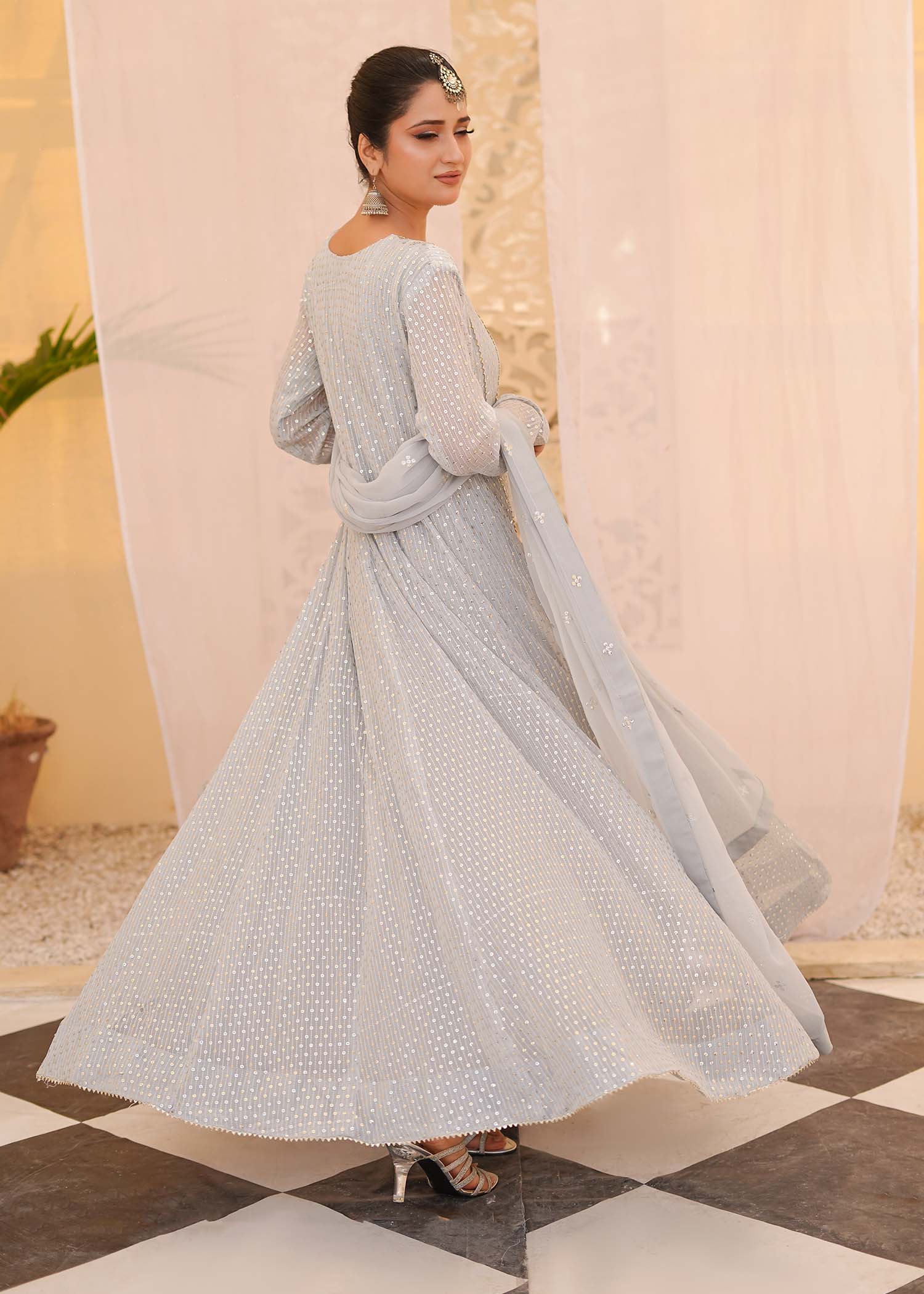 chiffon Anarkali in Ice blue