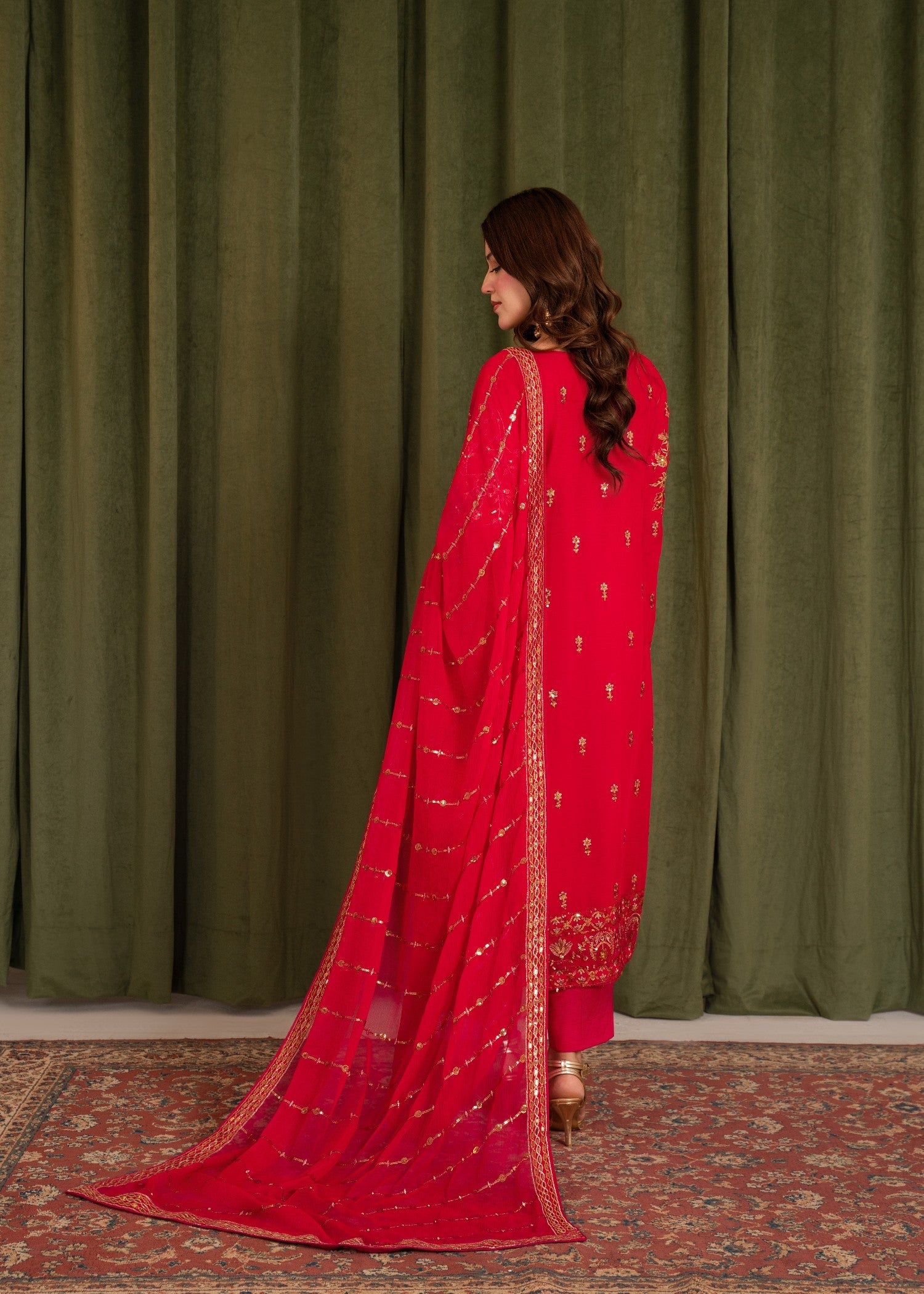 crinkle chiffon Kurta Set in Hot pink