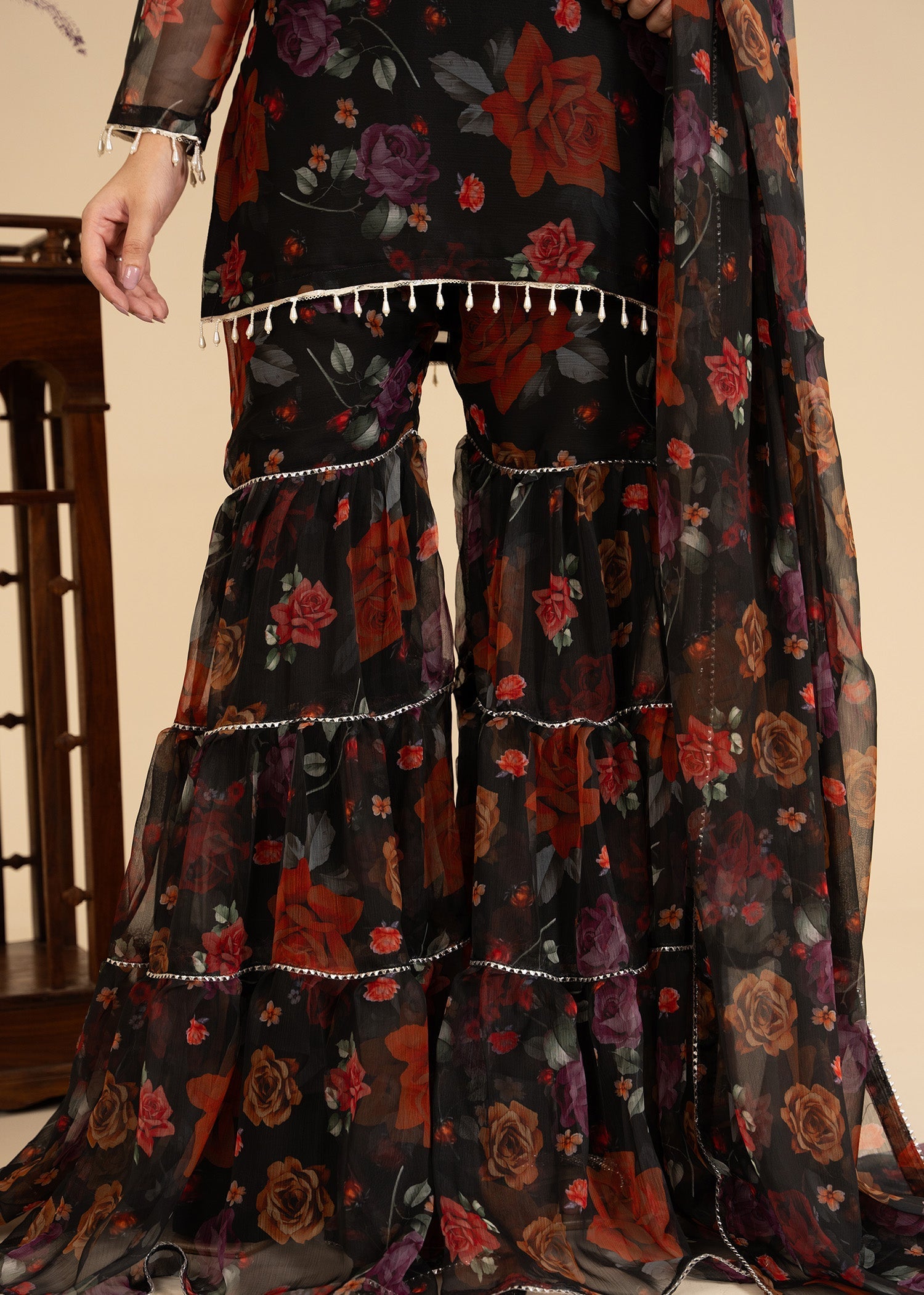bemberg crinkle chiffon Gharara in Black