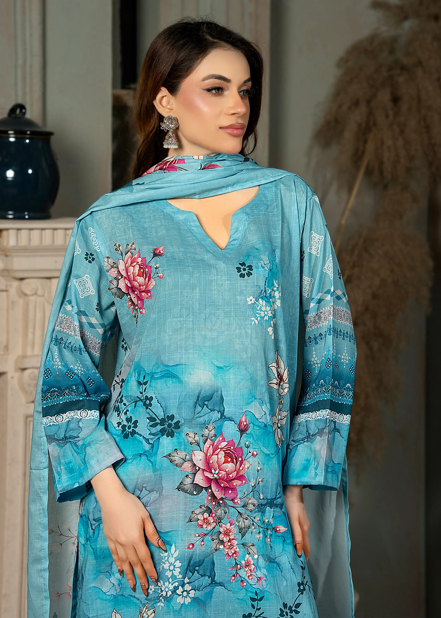 lawn Kurta Set in Dodger blue