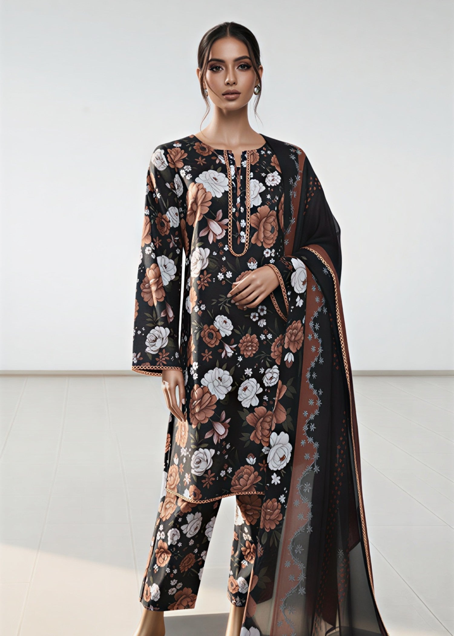 lawn Kurta Set in Black, cinnamon brown, chalk