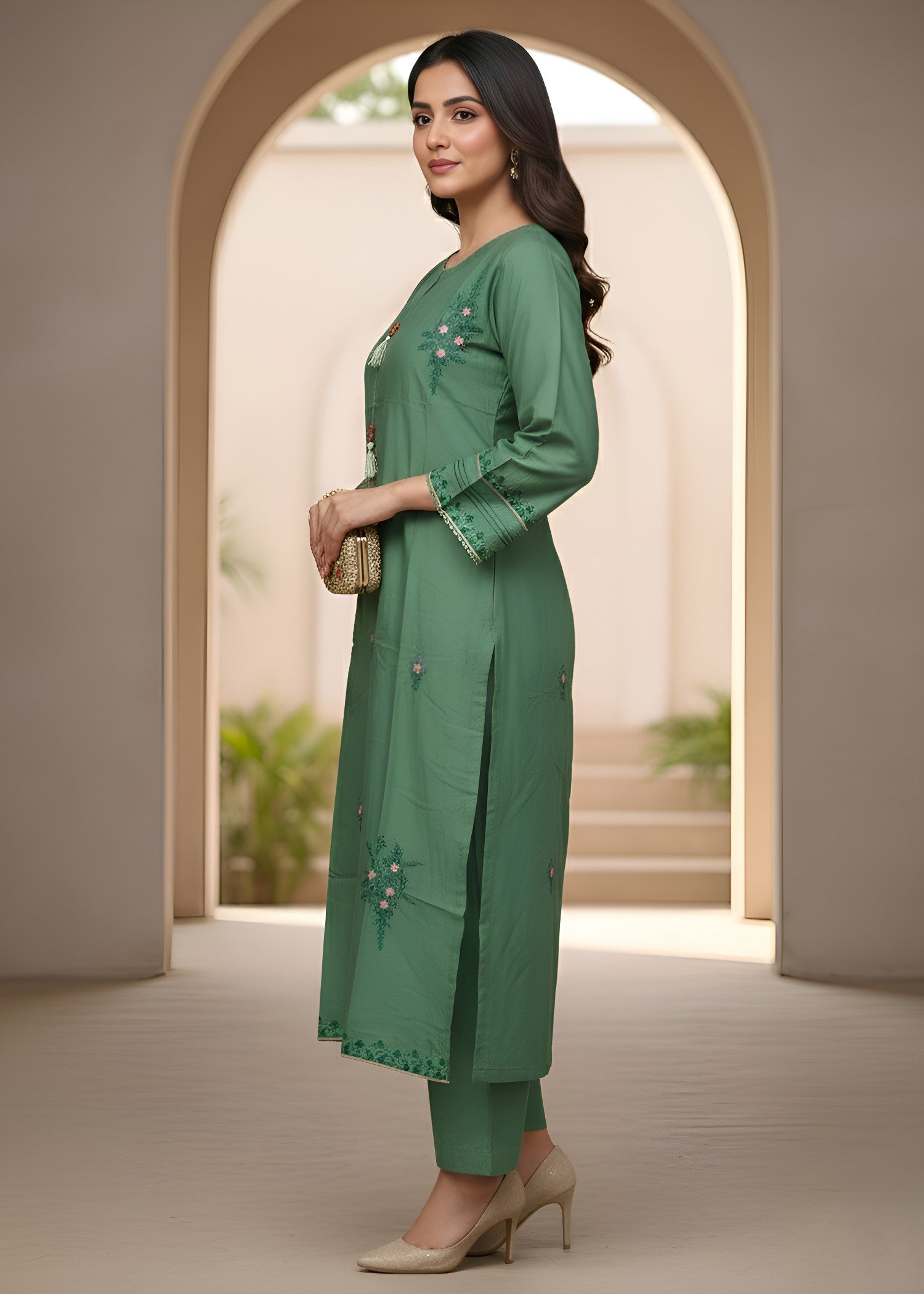 linen Kurta Set in Pistachio green